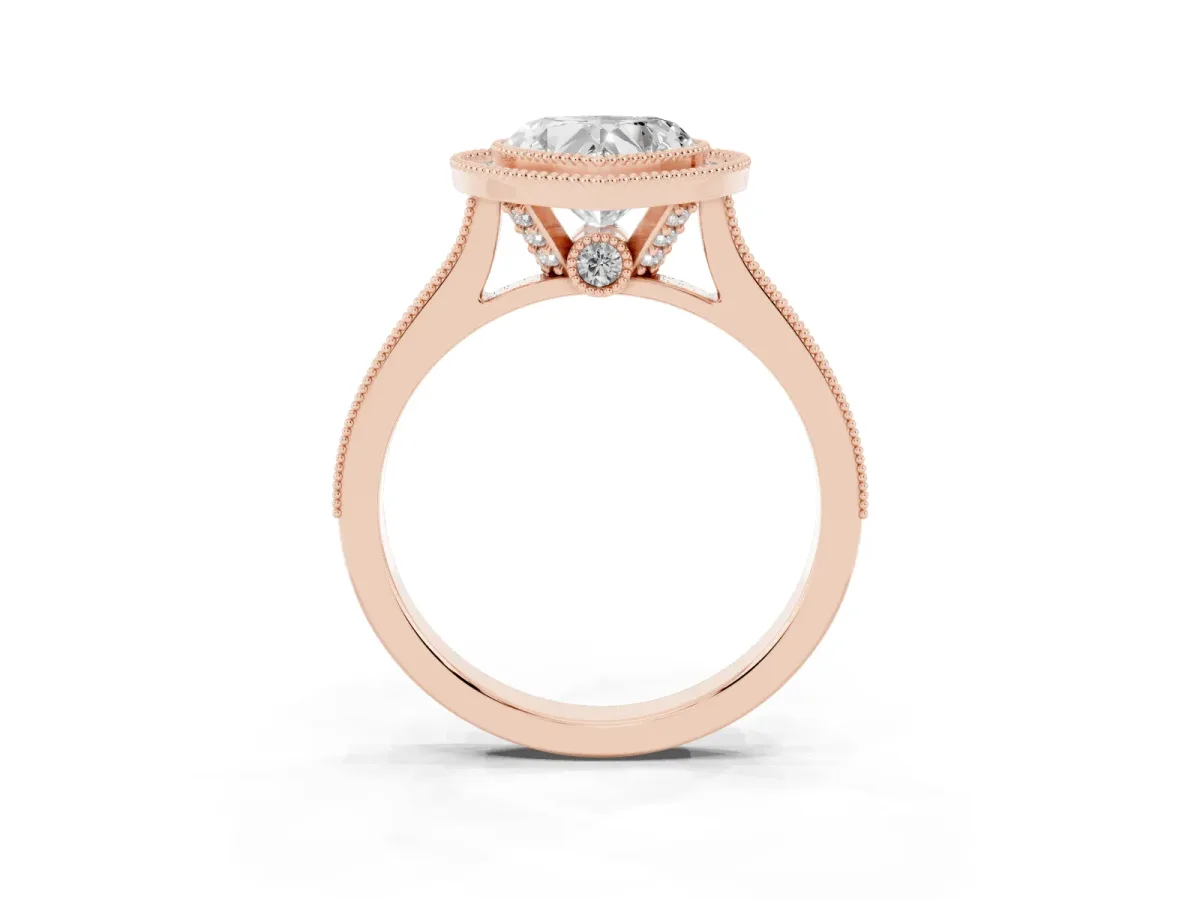 Halo Heart Cut-Cut Diamond Pave Band Milgrain Prong Setting Ring Rose gold