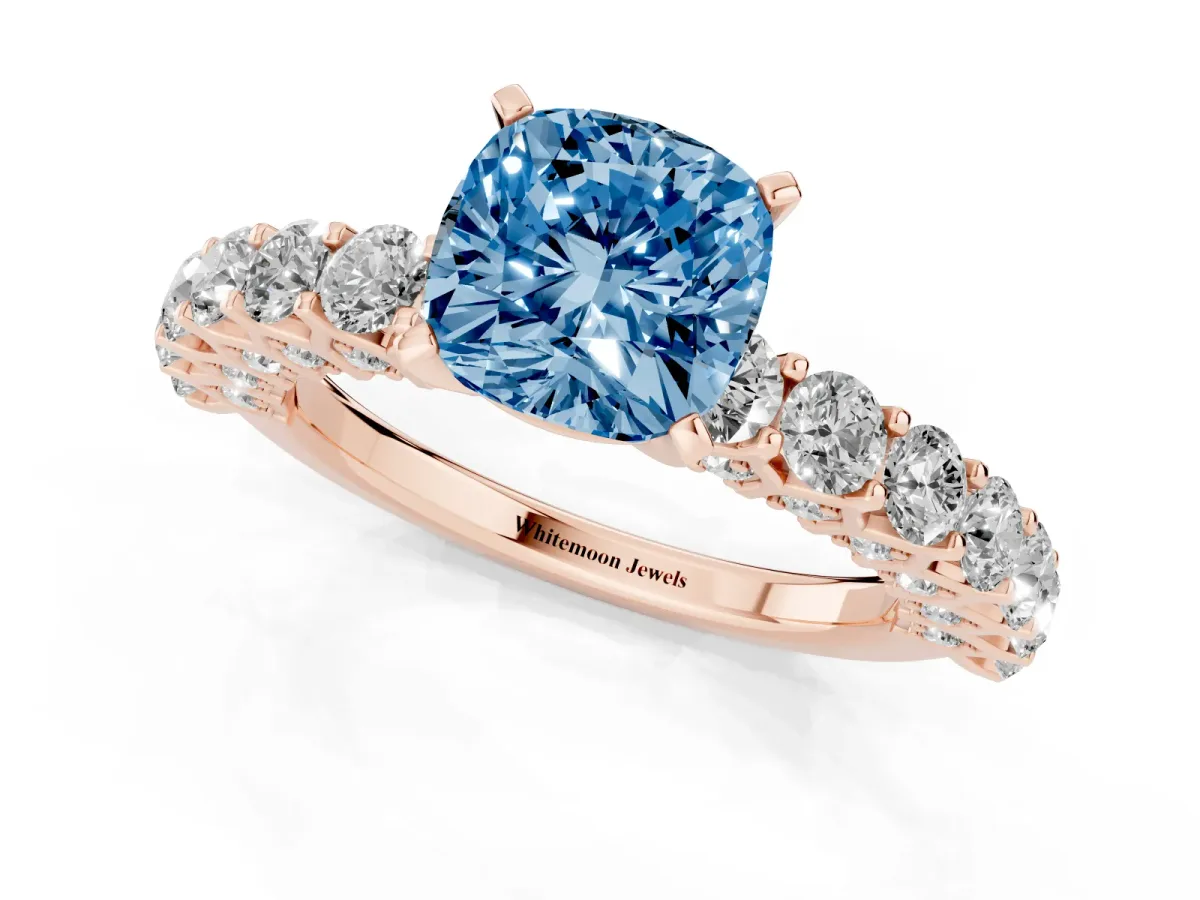 Fancy Blue Cushion Cut Diamond Solitaire Ring with Shared Prong Pavé Band and Four-Prong Setting Rose gold