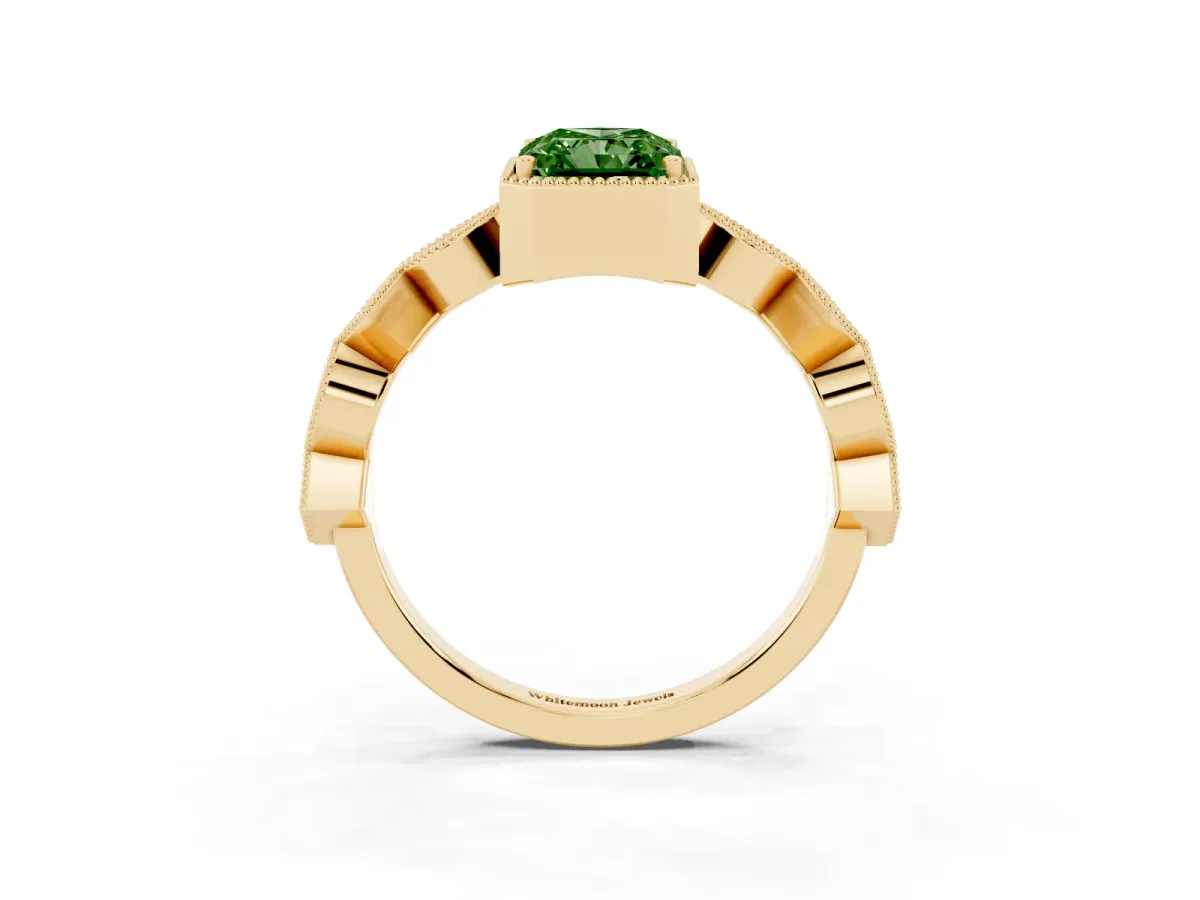 Fancy Green Radiant Cut Milgrain Marquise Diamond Twist Band Ring Yellow gold