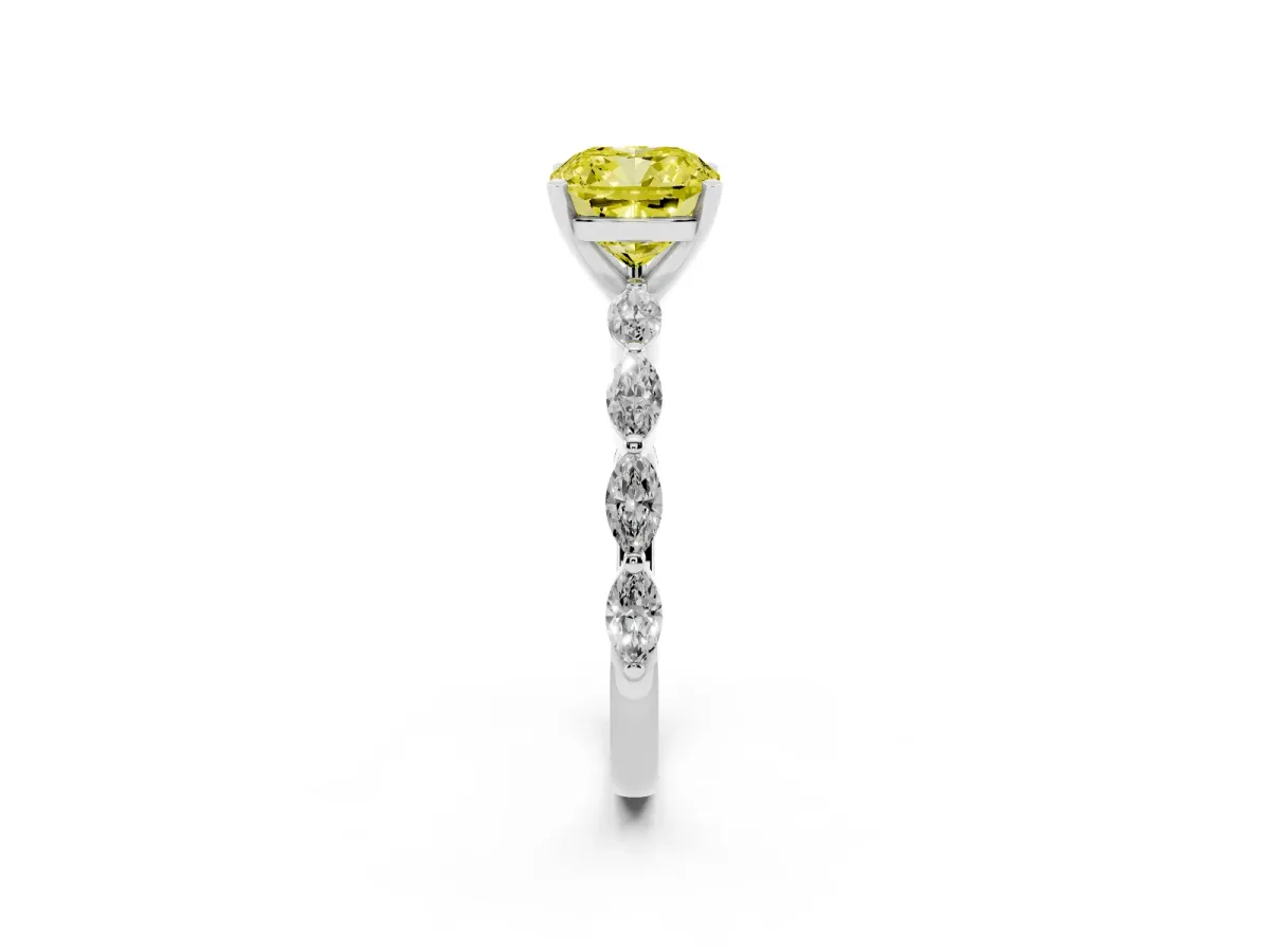 Fancy Yellow Cushion Cut Diamond Ring with Marquise Side Stones and Prong Setting Platinum