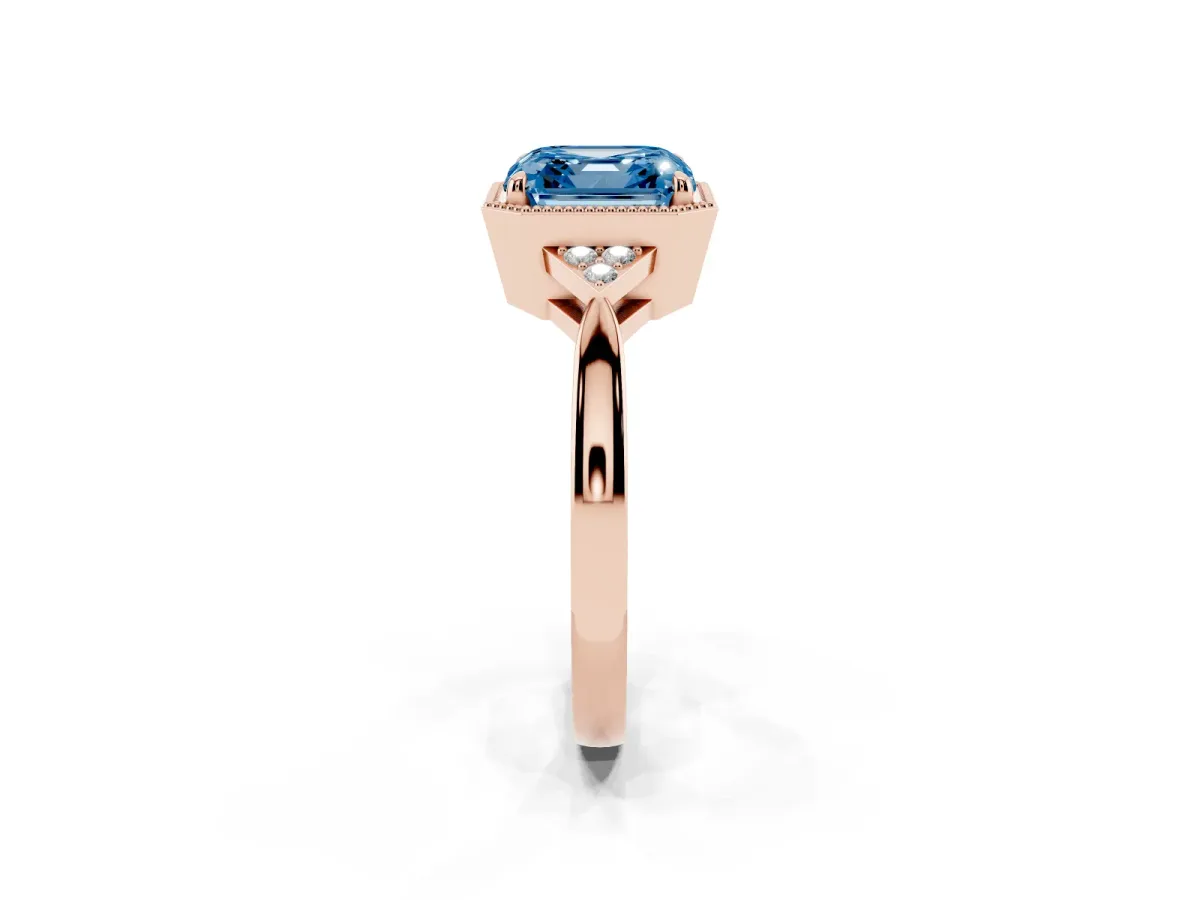 Fancy Blue Asscher Cut Diamond Halo Ring with Tapered Band and Four-Prong Setting Rose gold