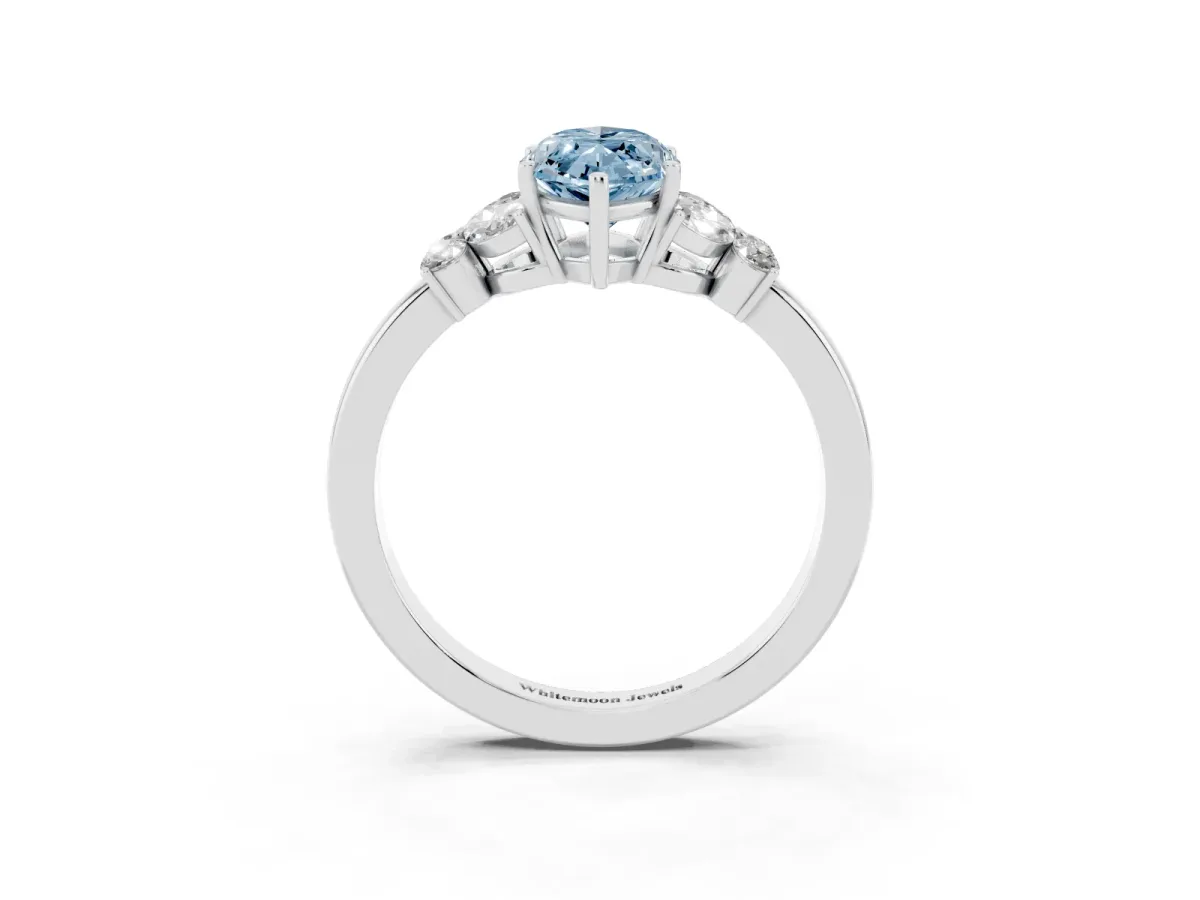 Fancy Blue Marquise Cut Cut Solitaire Floral Diamond Ring with Four-Prong Setting Silver