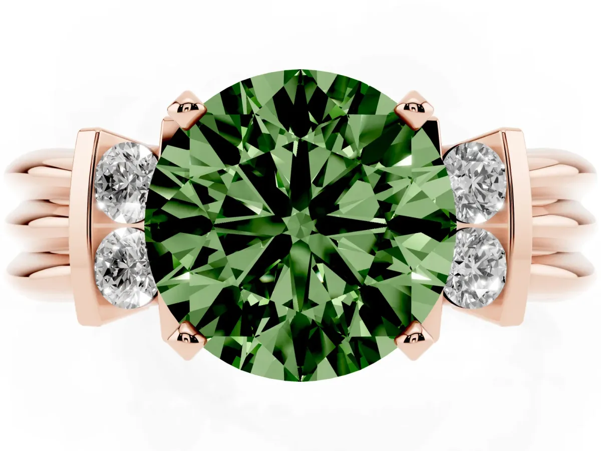 Fancy Green Round Cut Cut Three-Stone Channel Set Ring with Bar Prongs Rose gold