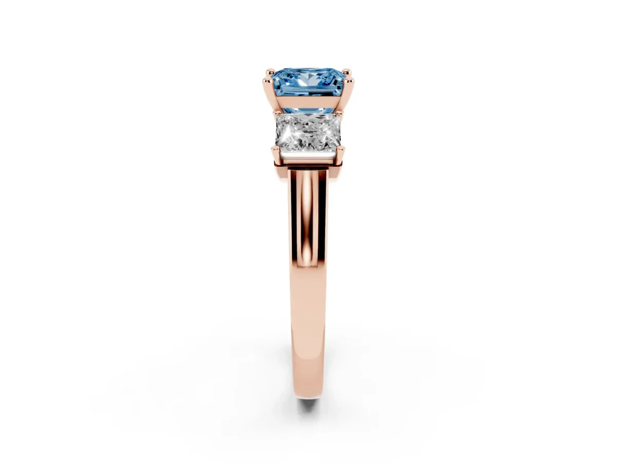 Fancy Blue Three-Stone Princess Cut Brilliant Diamond Trellis Ring with Comfort Fit Band Rose gold