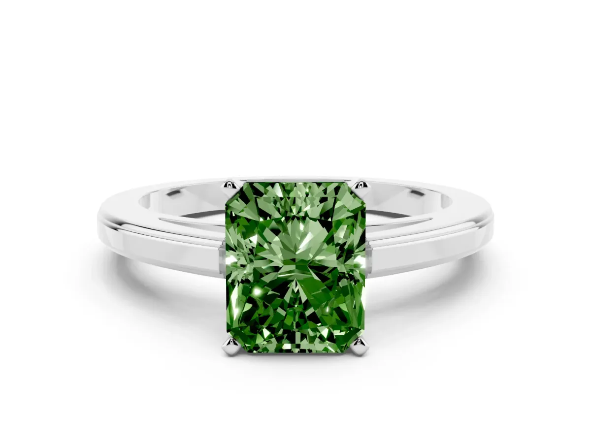 Fancy Green Radiant Cut Solitaire Diamond Ring with Four-Prong Setting and Classic Band Silver