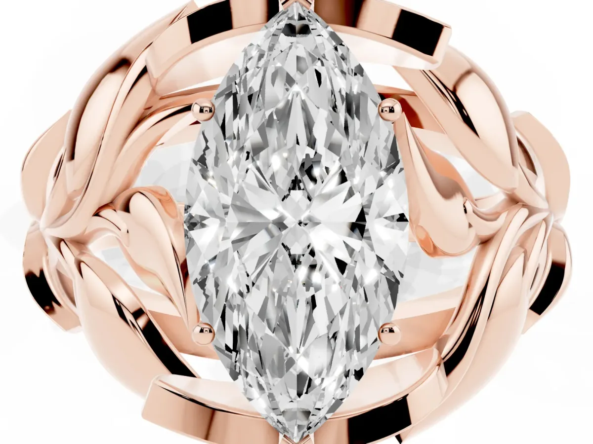 Marquise Cut Diamond Leaf-Inspired Engagement Ring with Round Accents and Prong Setting Rose gold