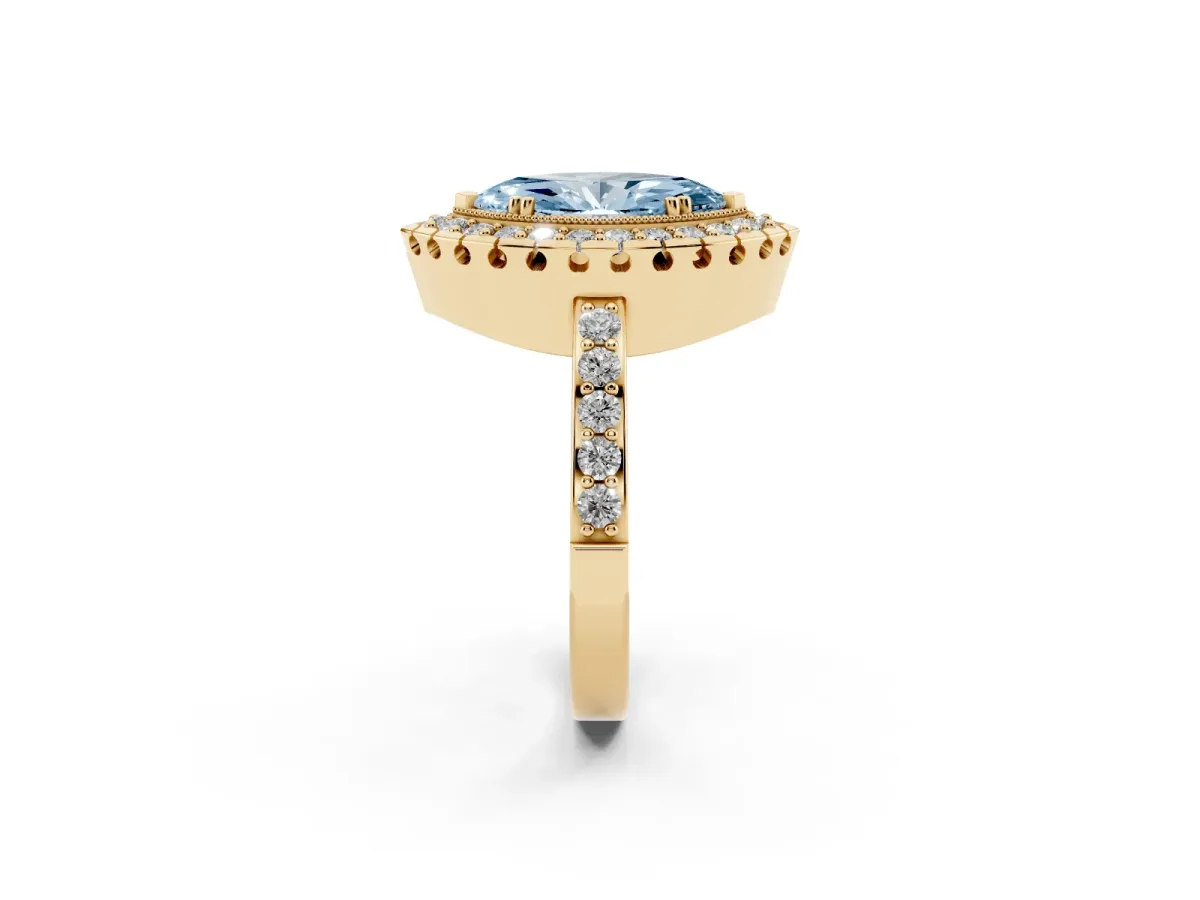 Fancy Blue Marquise Cut Diamond Halo Ring with Pavé Band and Prong Setting Yellow gold