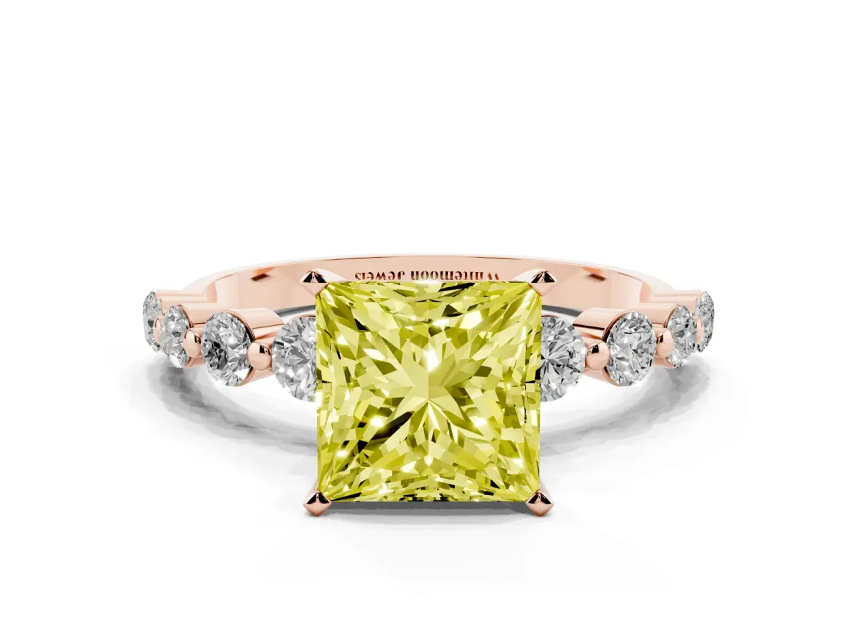 Fancy Yellow Princess Cut Solitaire Diamond Ring with Pave Band and Four-Prong Setting Rose gold