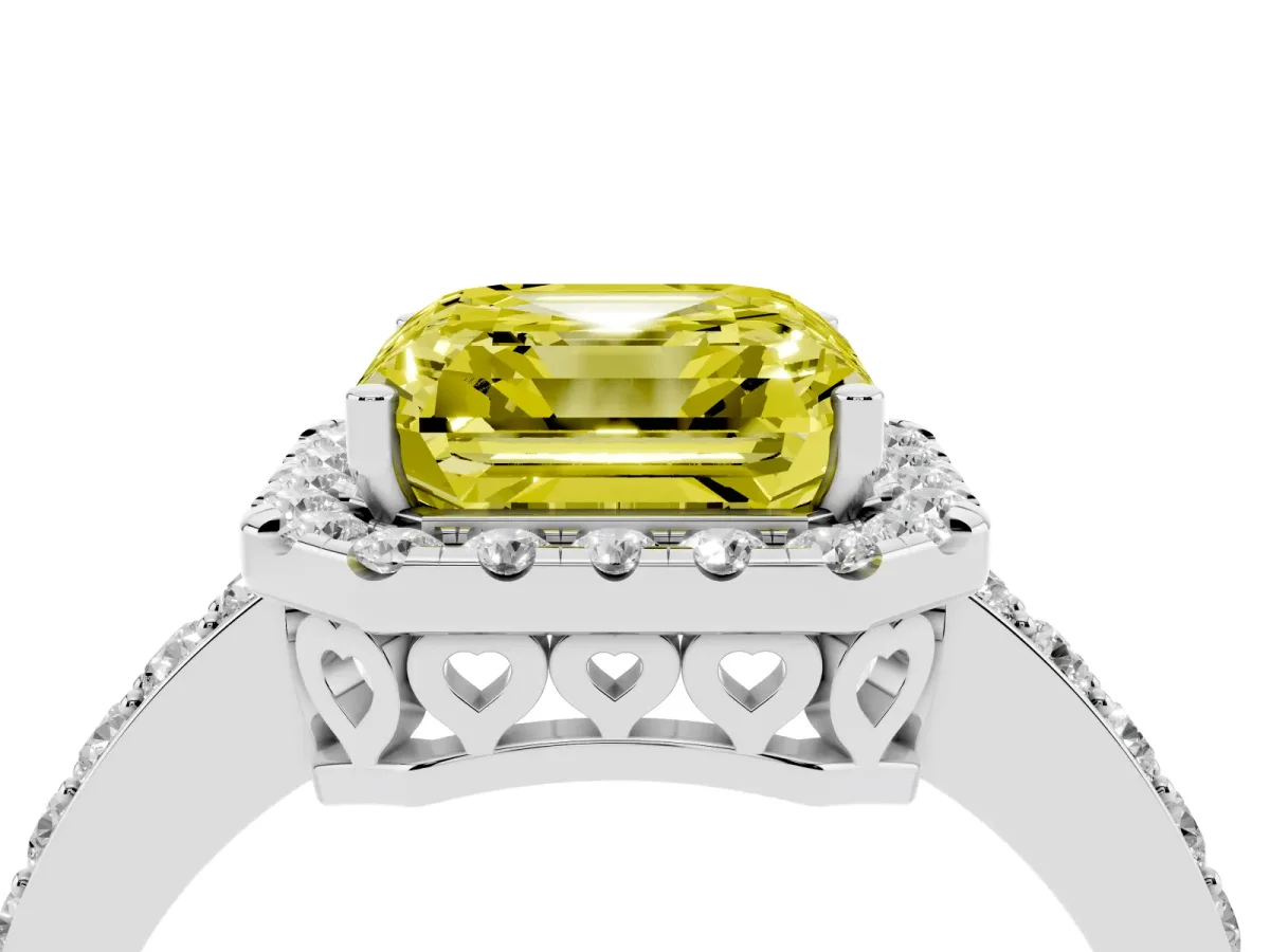 Fancy Yellow Asscher Cut Halo Diamond Pavé Band Ring with Prong Setting Silver