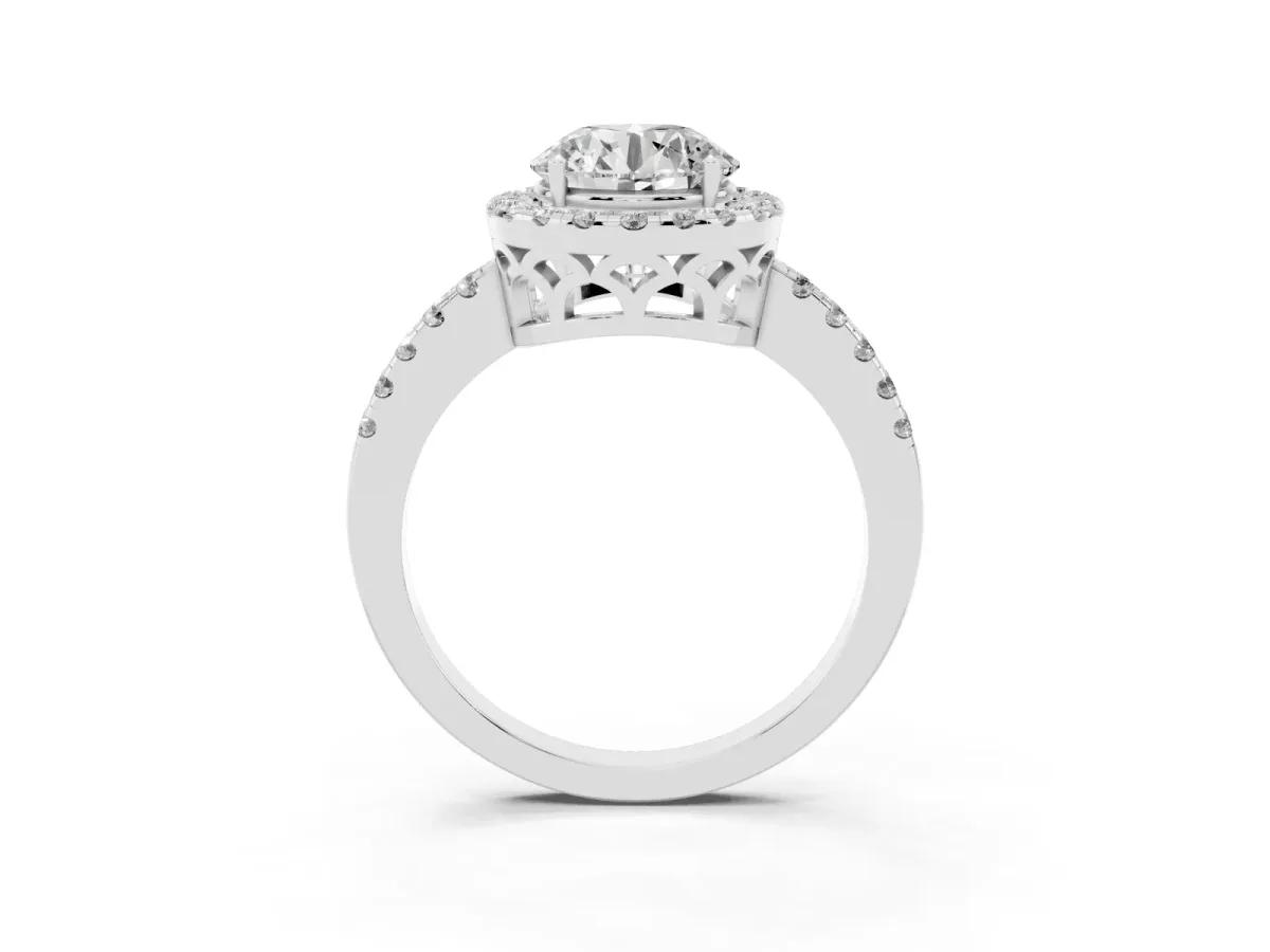 Round Cut Halo Diamond Engagement Ring with Pavé Band and Four-Prong Setting Silver