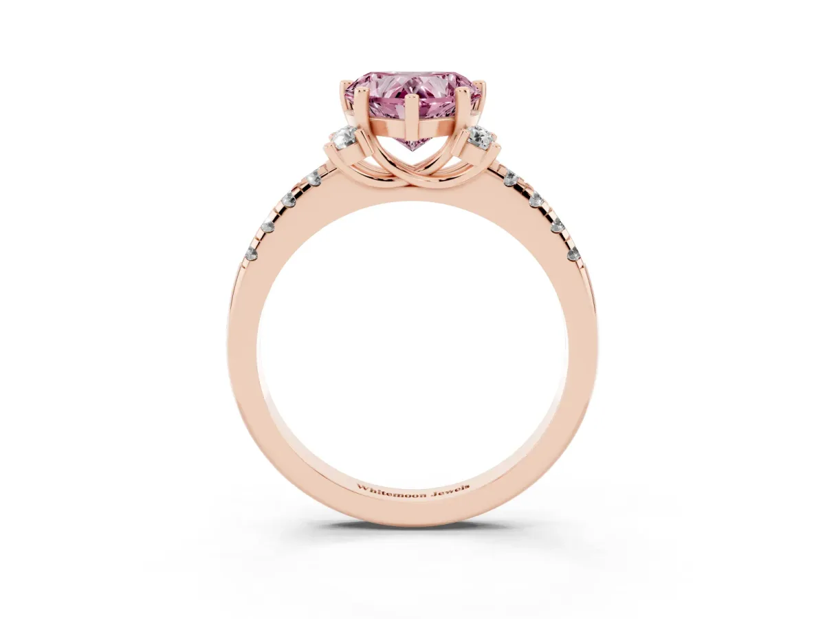Fancy Pink Heart Cut Diamond Three-Stone Pave Band with Four-Prong Setting Rose gold