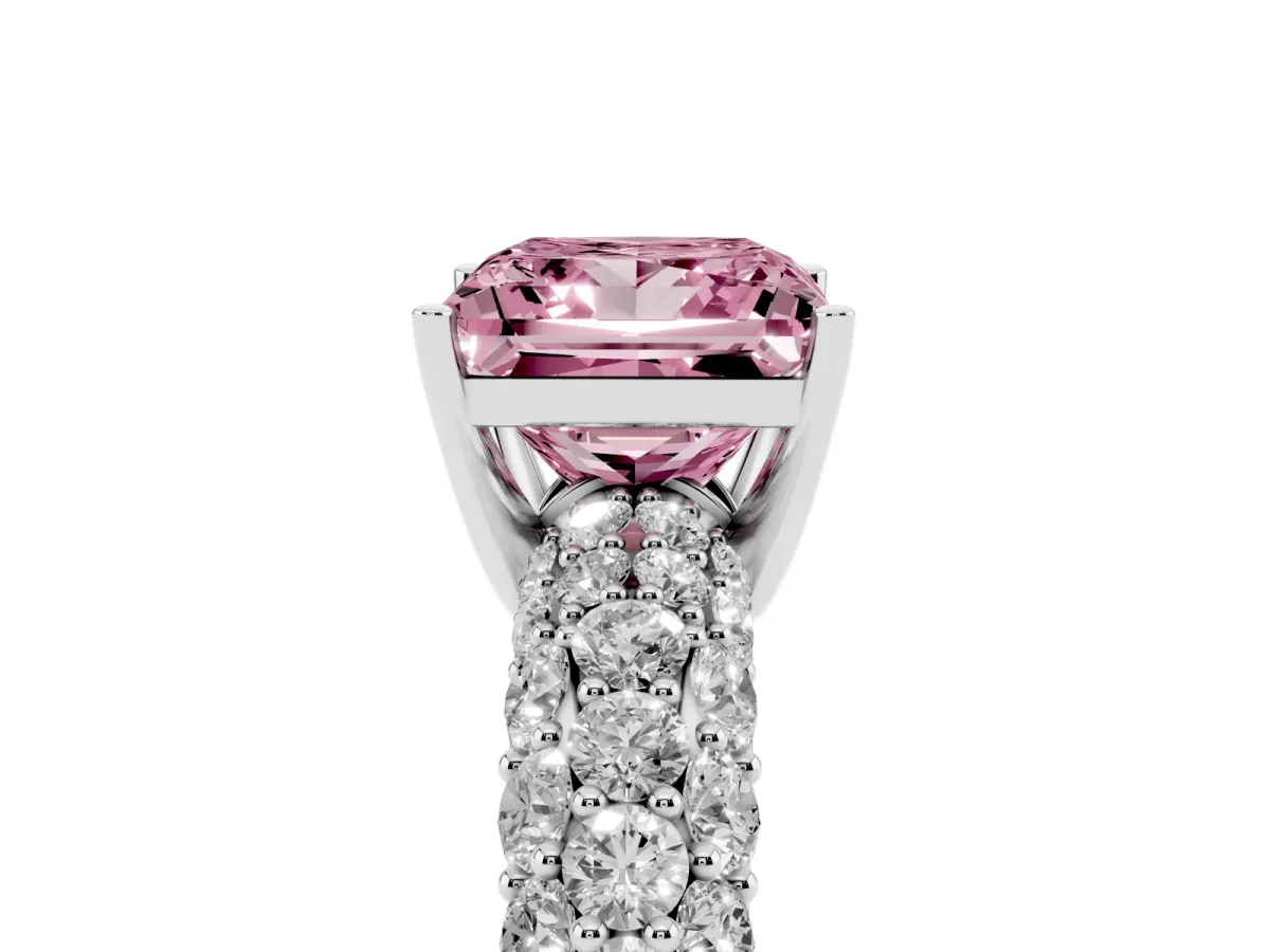 Fancy Pink Princess Cut Diamond Pavé Band Solitaire Ring with Four-Prong Setting Silver