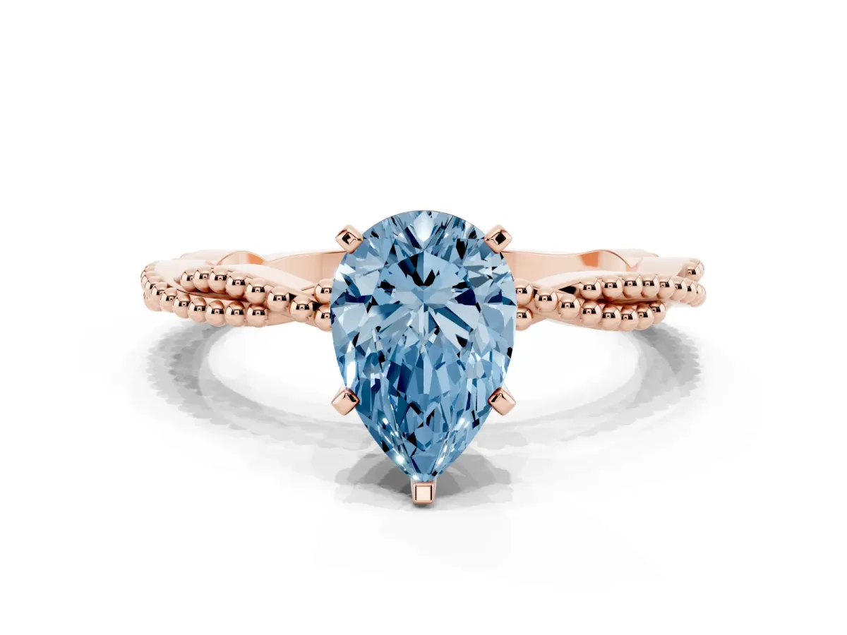 Fancy Blue Pear Cut Solitaire Twisted Band with Bead Prong Setting Rose gold