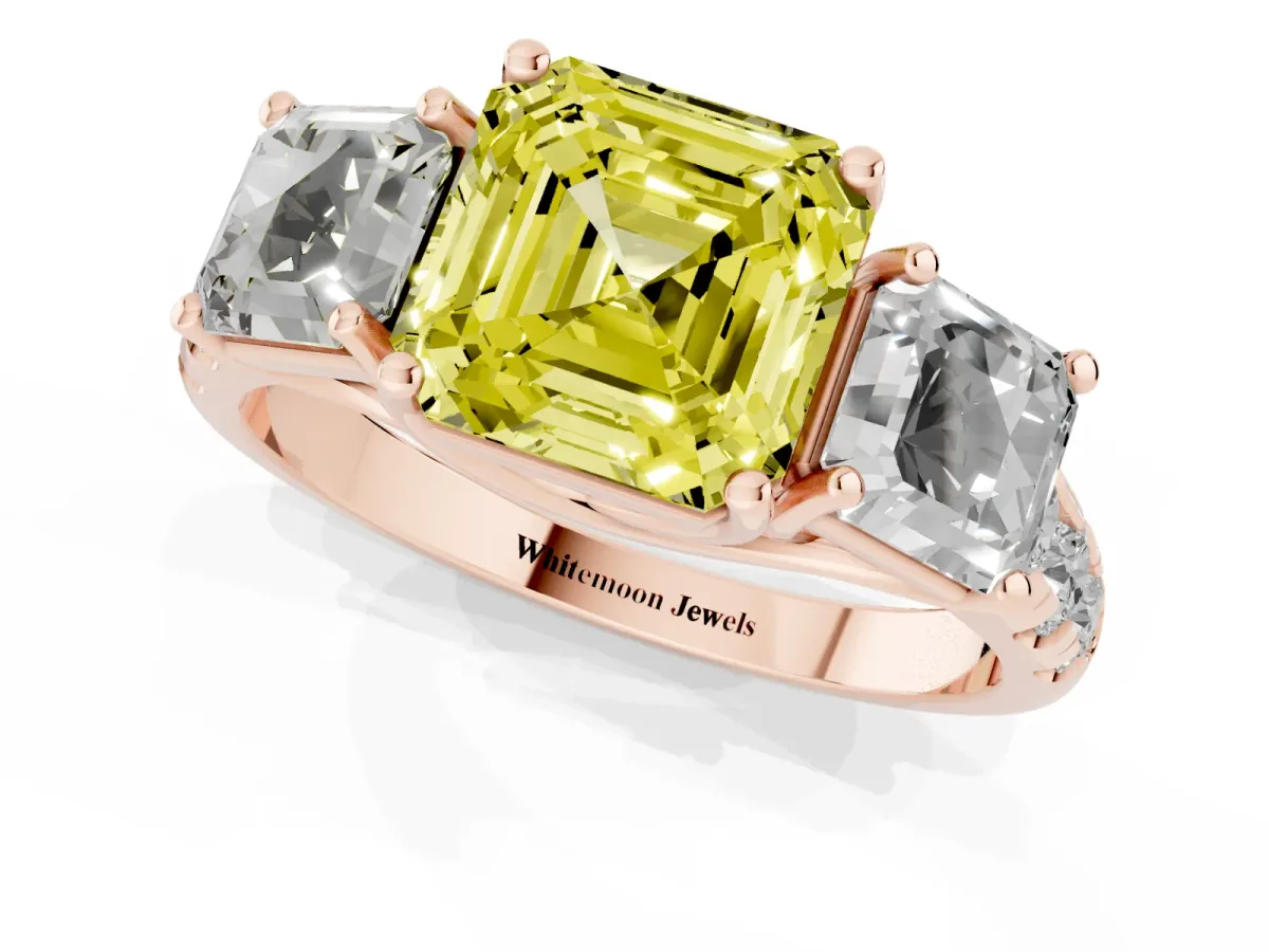 Fancy Yellow Three-Stone Asscher Cut Diamond Pavé Band with Prong Setting Rose gold