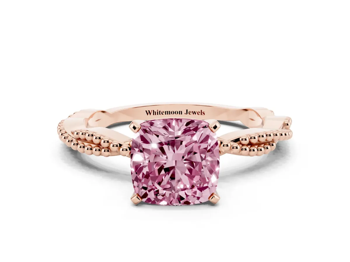 Fancy Pink Cushion Cut Solitaire Twisted Band with Bead Prong Setting Rose gold