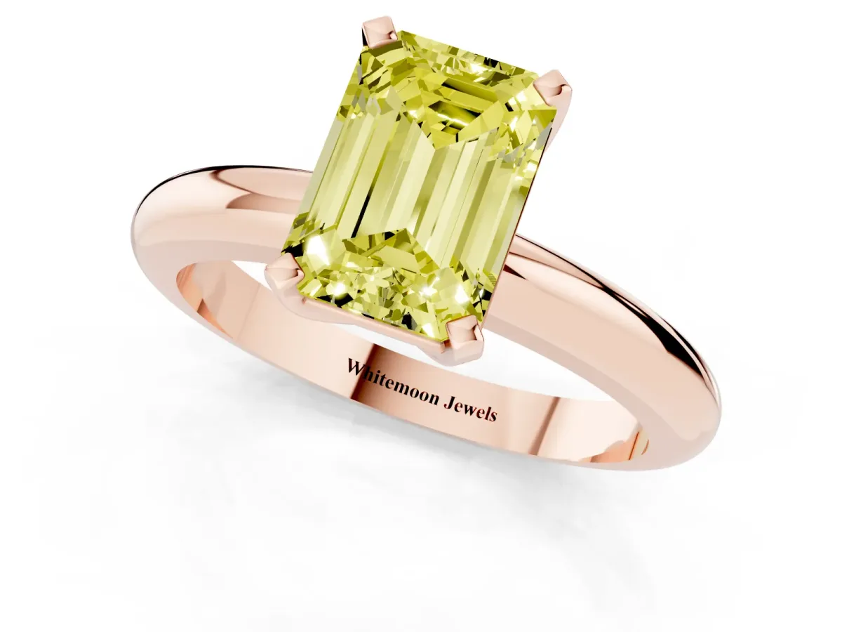 Fancy Yellow Emerald Cut Diamond Solitaire Engagement Ring with Round Band and Four-Prong Setting Rose gold