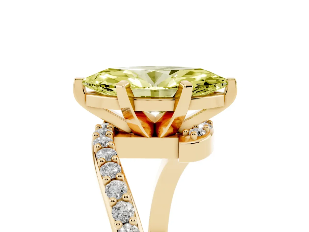Fancy Yellow Marquise Cut Solitaire Twist Band with Pave Set Diamonds and Four-Prong Setting Yellow gold