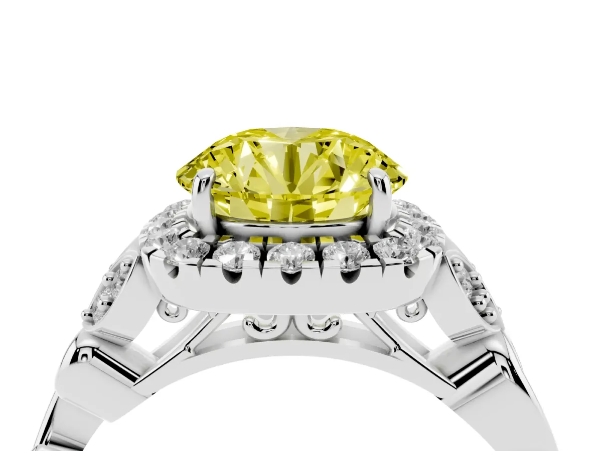 Fancy Yellow Round Cut Halo Diamond Engagement Ring with Vintage-Inspired Band and Four-Prong Setting Silver