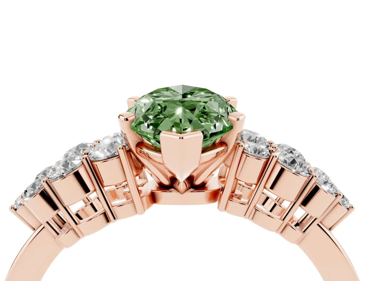 Fancy Green Marquise Cut Cluster Diamond Engagement Ring with Pavé Band and Four-Prong Setting Rose gold