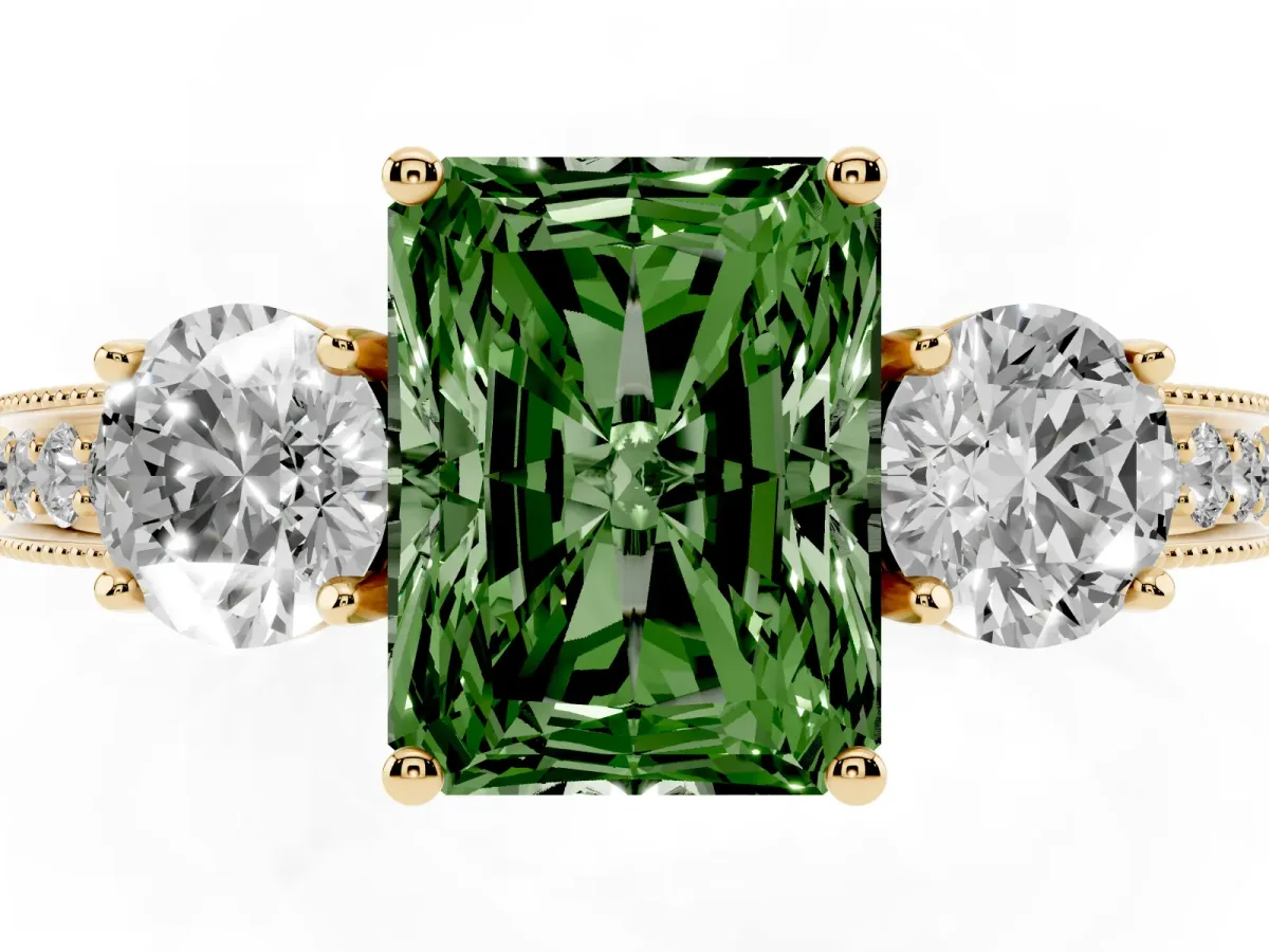 Fancy Green Radiant Cut Three-Stone Diamond Ring with Pavé Band and Four-Prong Setting Yellow gold