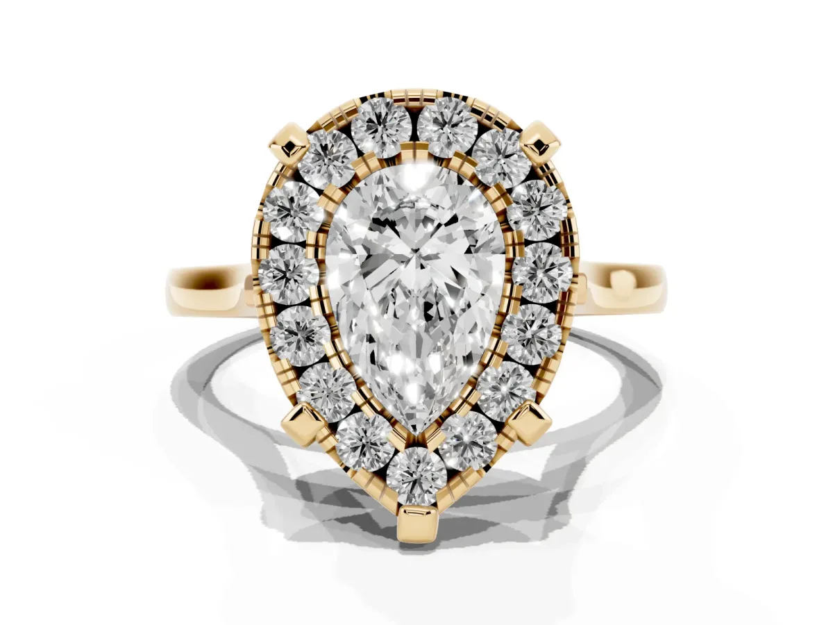 Pear Cut Diamond Cluster Halo Solitaire with Four-Prong Setting Yellow gold