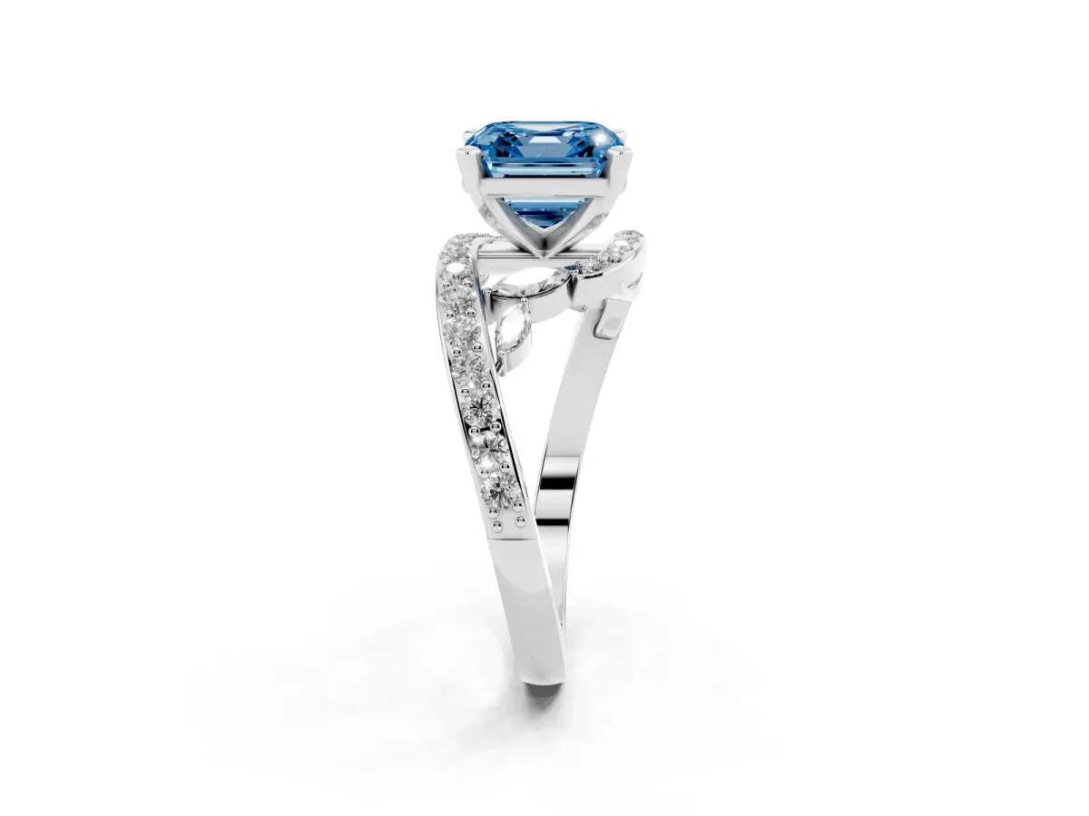 Fancy Blue Asscher Cut Solitaire with Pavé Twist Band and Four-Prong Setting Silver