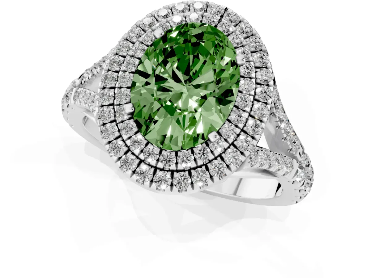 Fancy Green Oval Cut Diamond Pavé Split Shank Double Halo Engagement Ring Silver