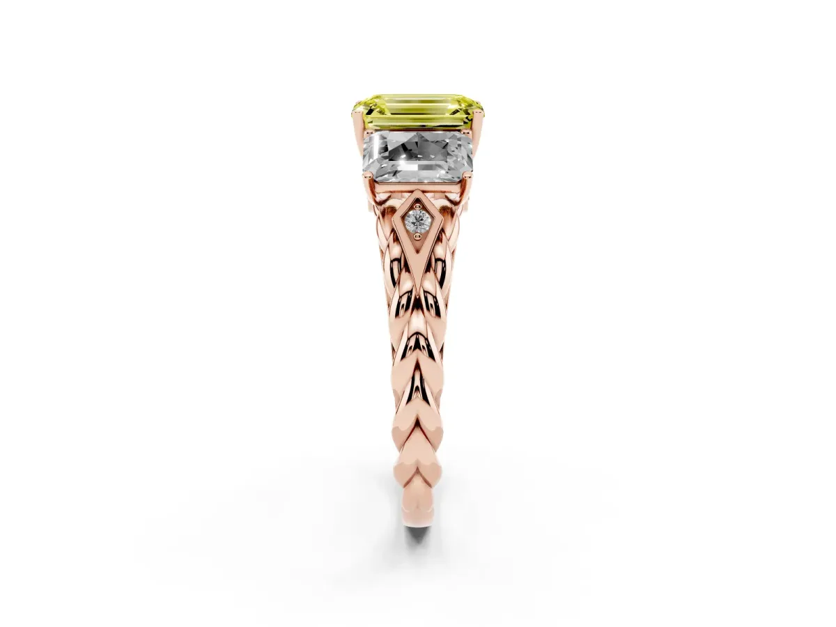 Fancy Yellow Three-Stone Emerald Cut Diamond Braided Band Ring with Four-Prong Setting Rose gold