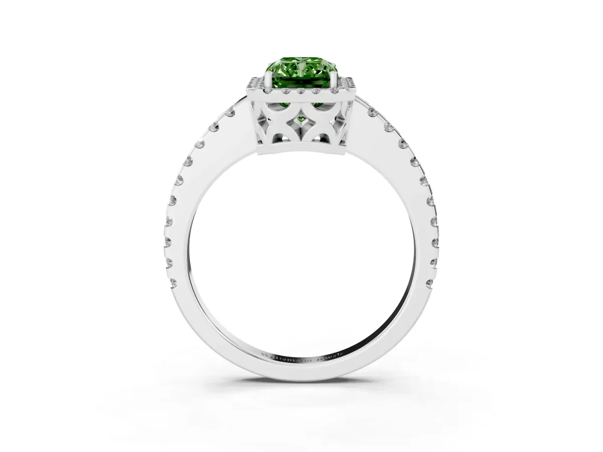 Fancy Green Radiant Cut Diamond Halo Engagement Ring with Pavé Band and Prong Setting Platinum