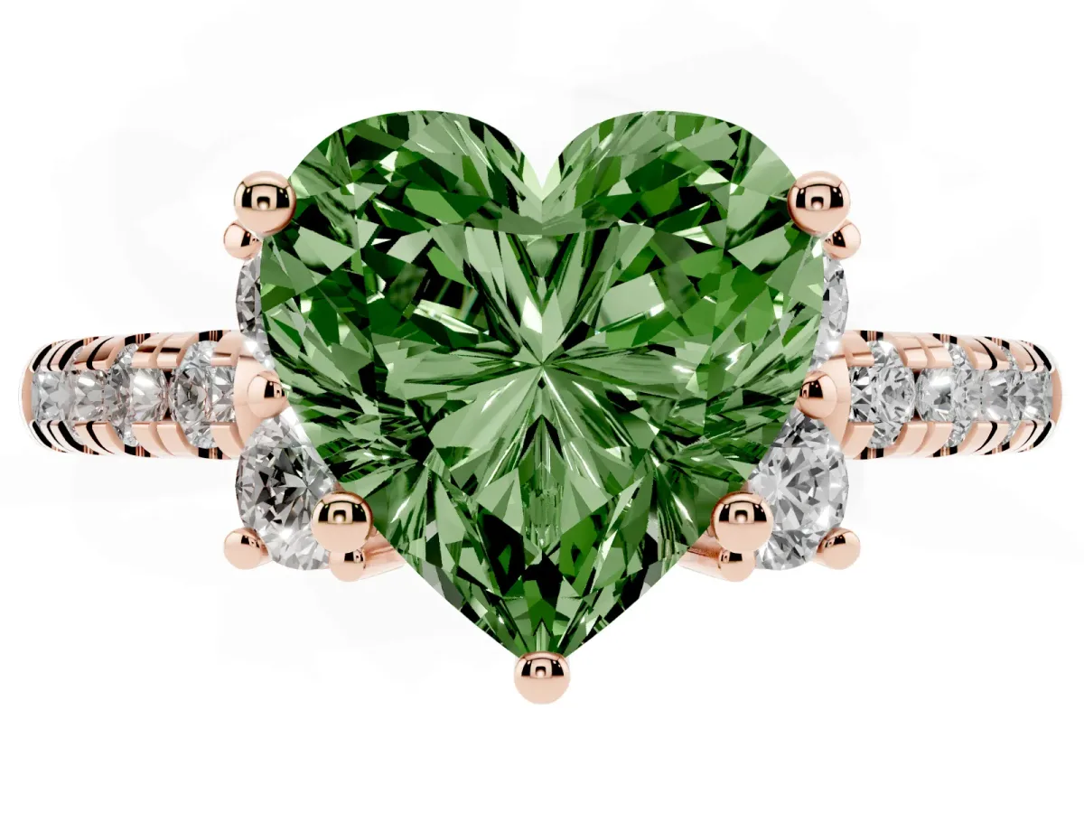 Fancy Green Heart Cut Diamond Three-Stone Pave Band with Four-Prong Setting Rose gold