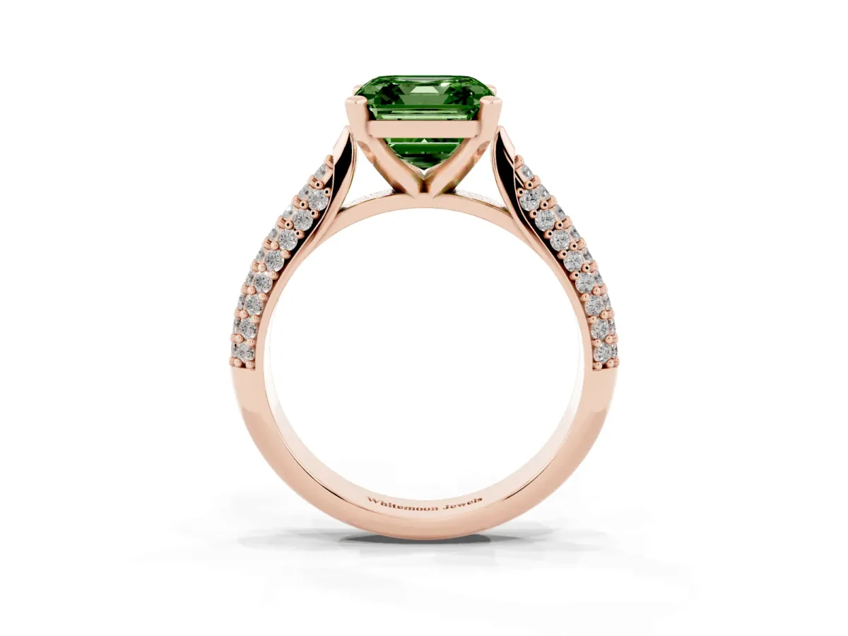 Fancy Green Asscher Cut Diamond Solitaire Engagement Ring with Multi-Row Round Pavé Band and Prong Setting Rose gold