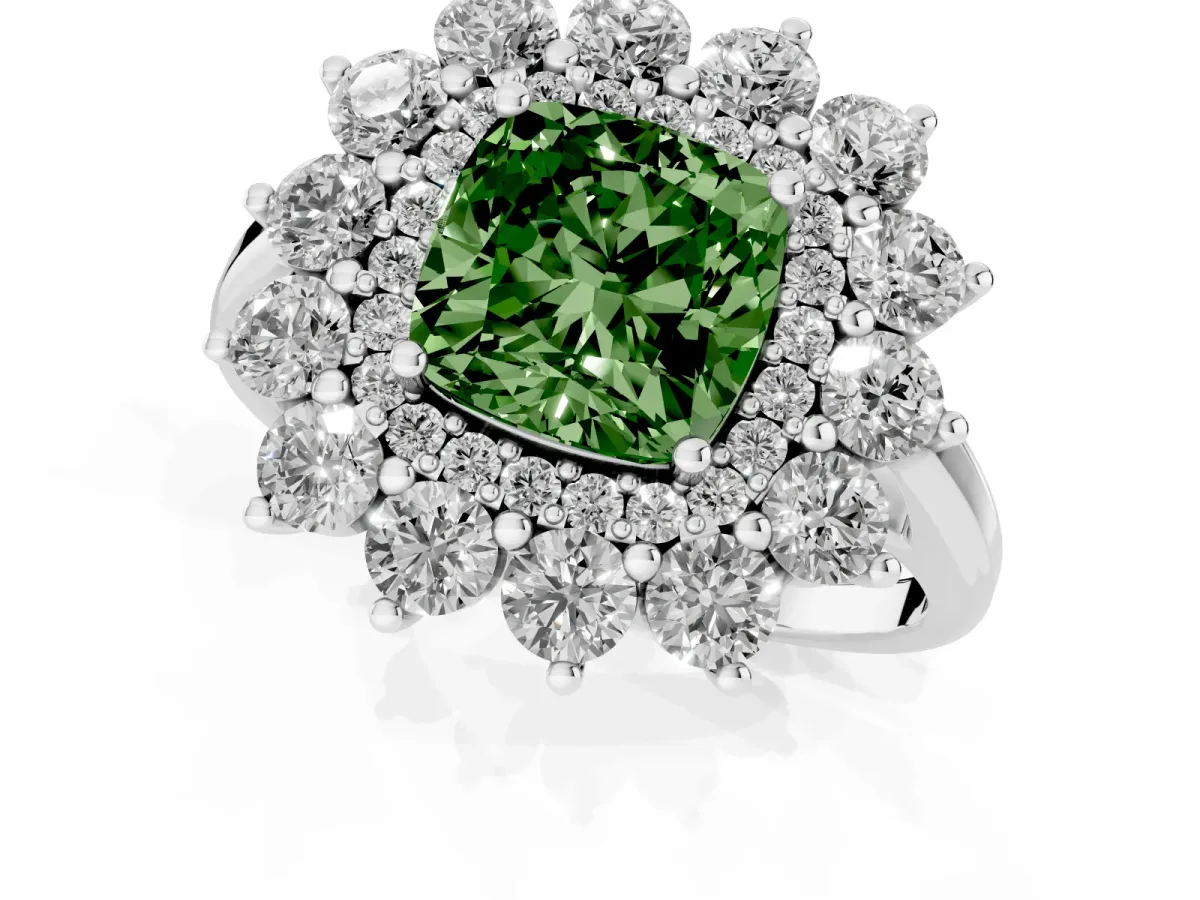 Fancy Green Cushion Cut Diamond Floral Double Halo Engagement Ring with Prong Setting Platinum