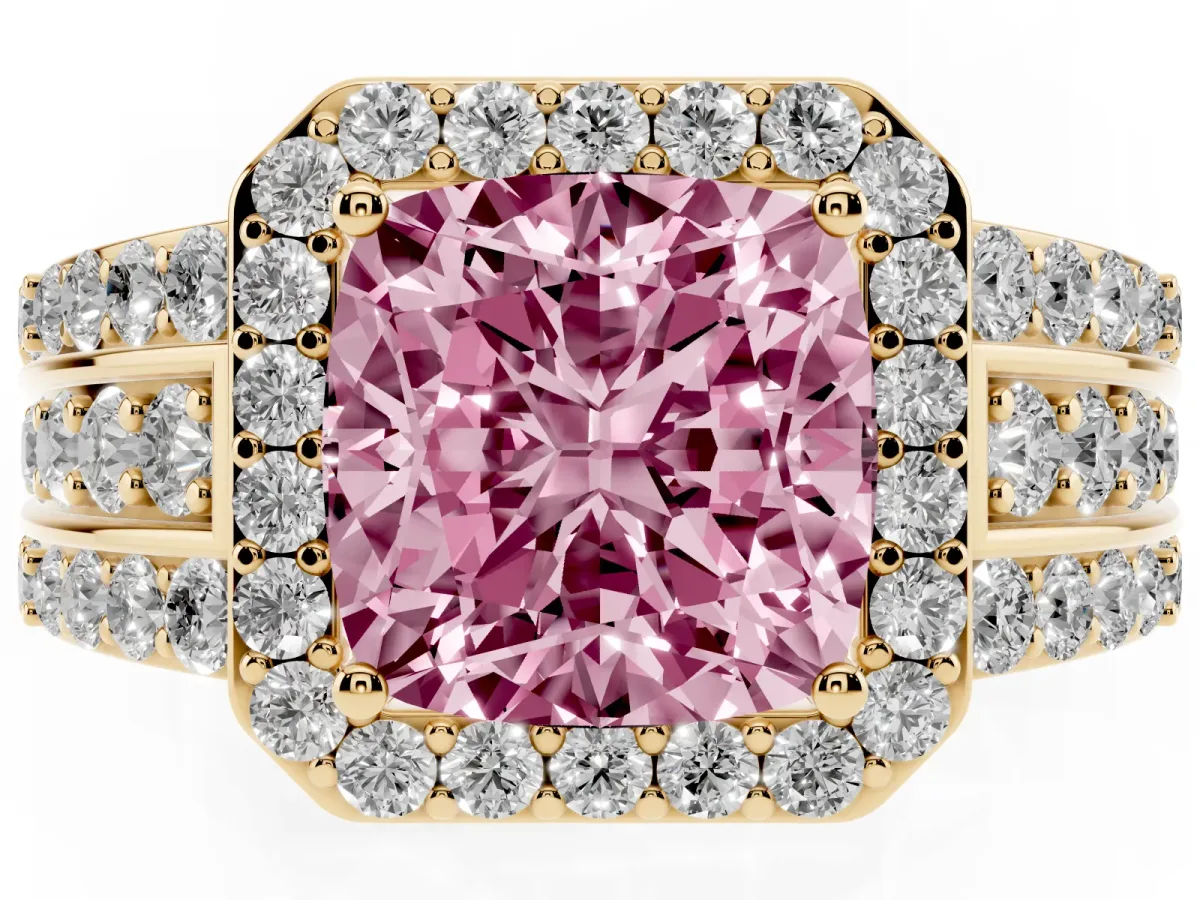Fancy Pink Cushion Cut Halo Diamond Ring with Round Split Shank and Prong Setting Yellow gold