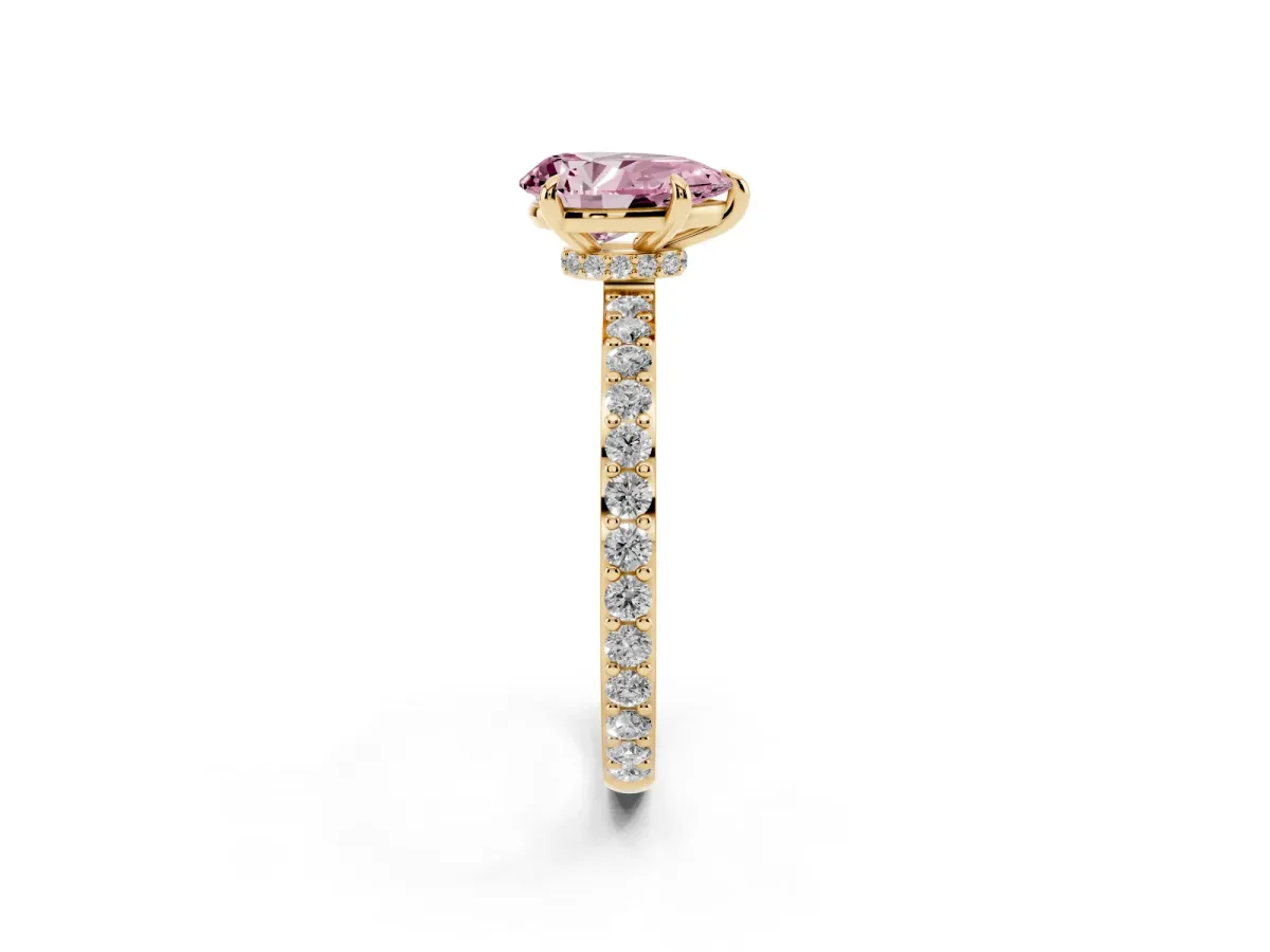 Fancy Pink Pear Cut Diamond Pavé Engagement Ring with Round Accents and Prong Setting Yellow gold
