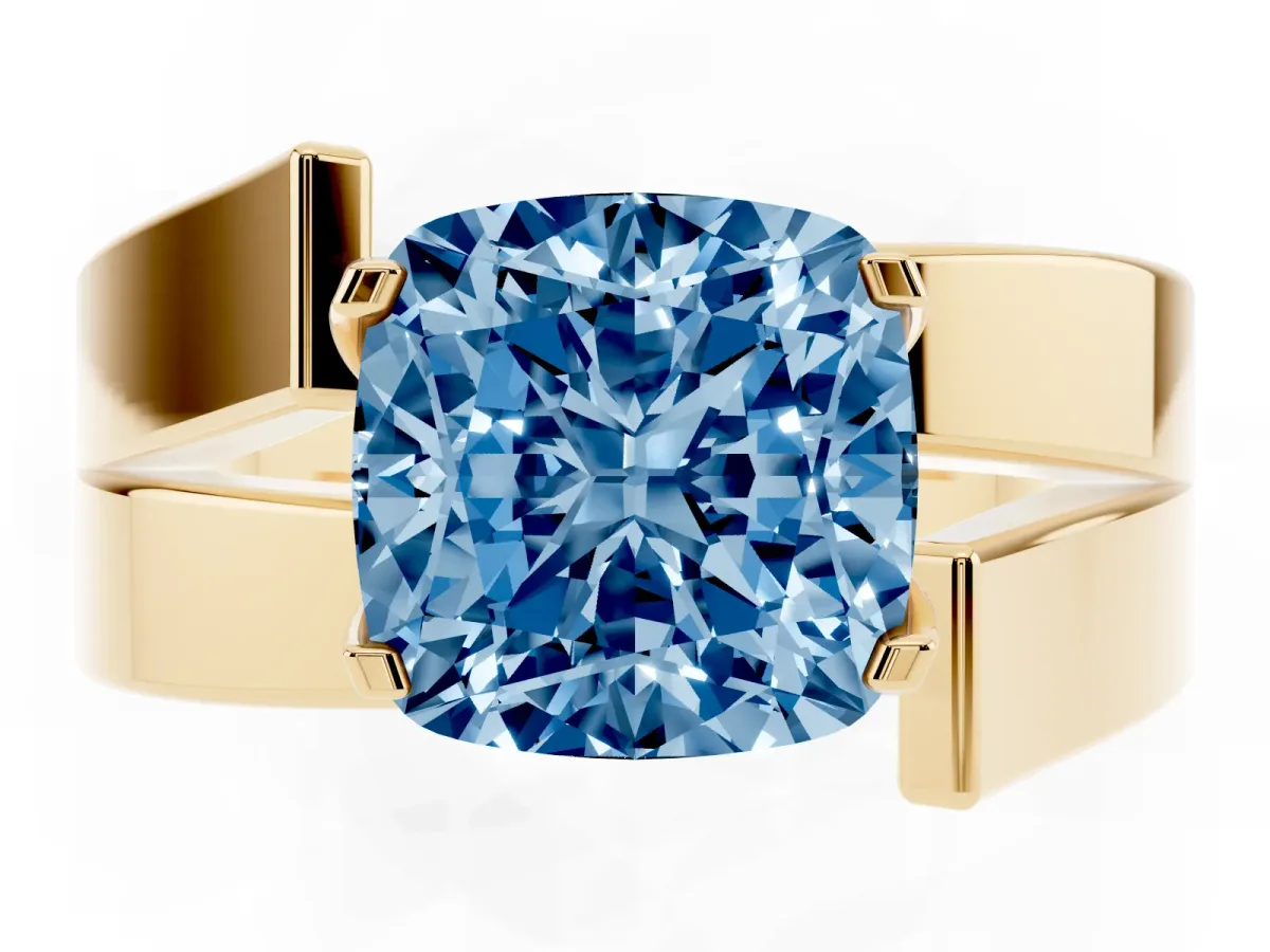 Fancy Blue Modern Tension Set Cushion Cut Diamond Solitaire Wide Band Ring Yellow gold