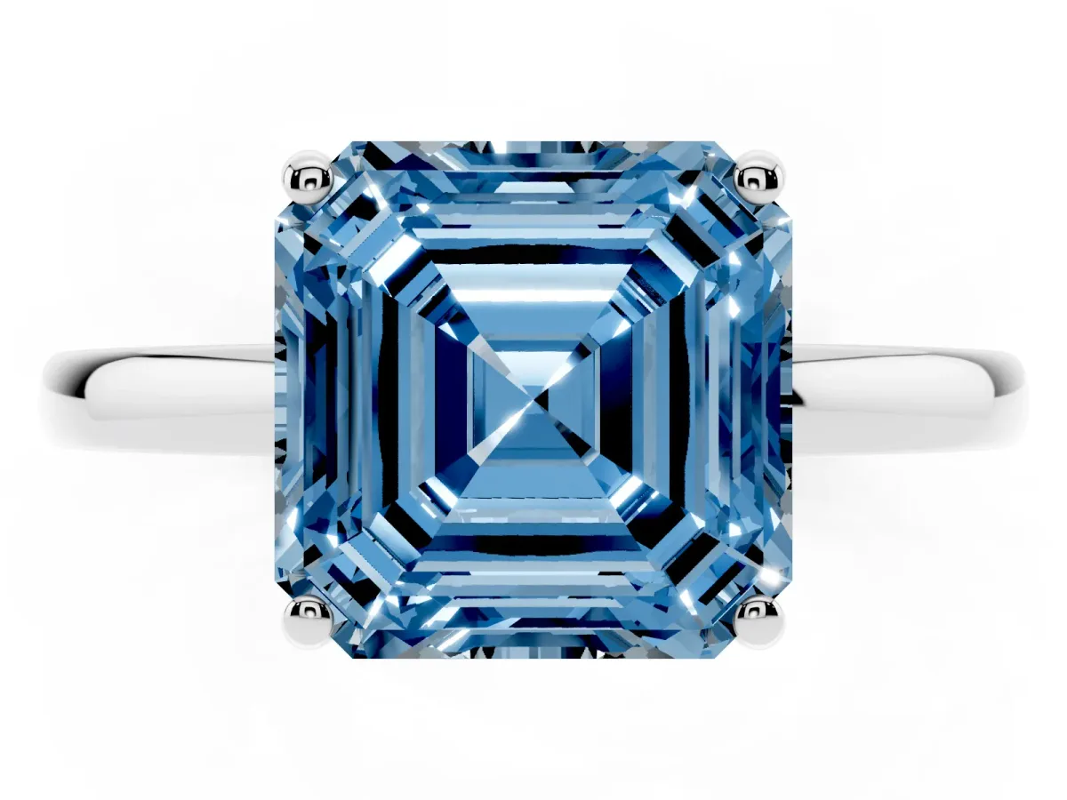 Fancy Blue Asscher Cut Solitaire Diamond Ring with Prong Setting and Plain Band Silver