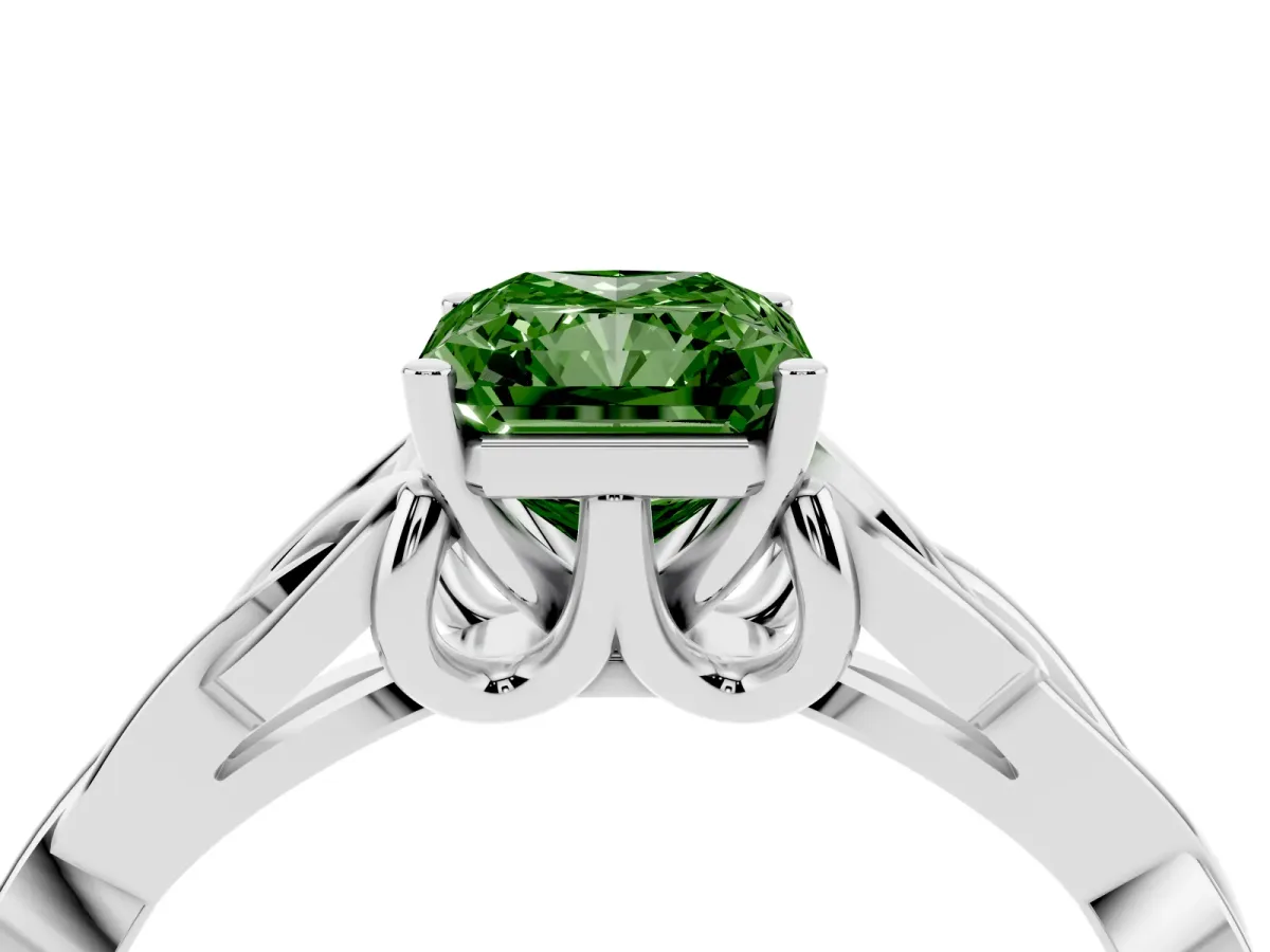 Fancy Green Radiant Cut Diamond Solitaire Engagement Ring with Celtic Knot Band and Four-Prong Setting Platinum