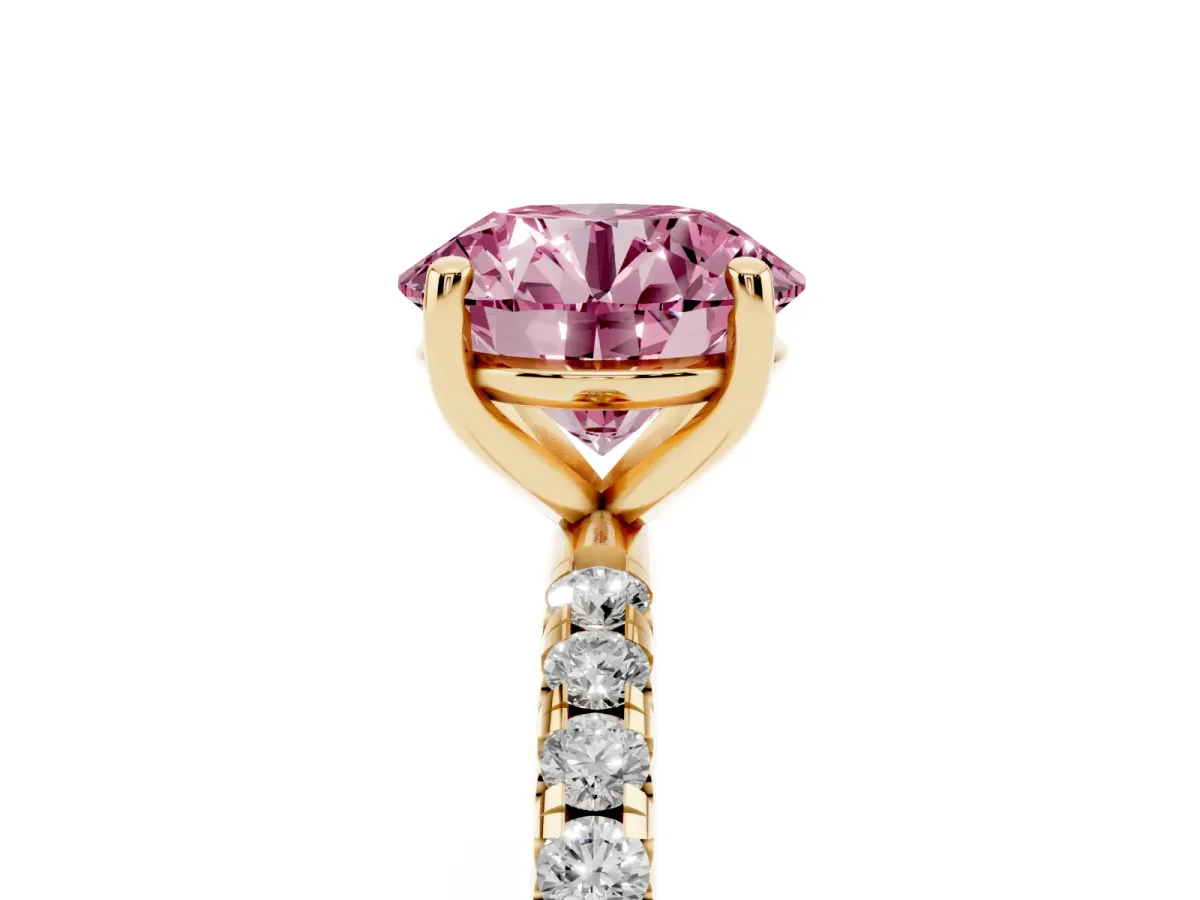Fancy Pink Round Cut Cut Diamond Solitaire Ring with Micro Pave Band and Four Prong Setting Yellow gold