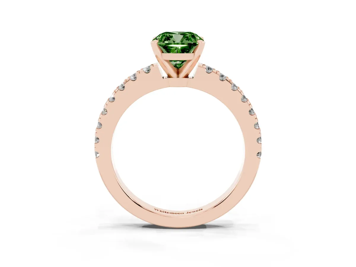 Fancy Green Cushion Cut Solitaire Diamond with Pavé Band and Four-Prong Setting Rose gold