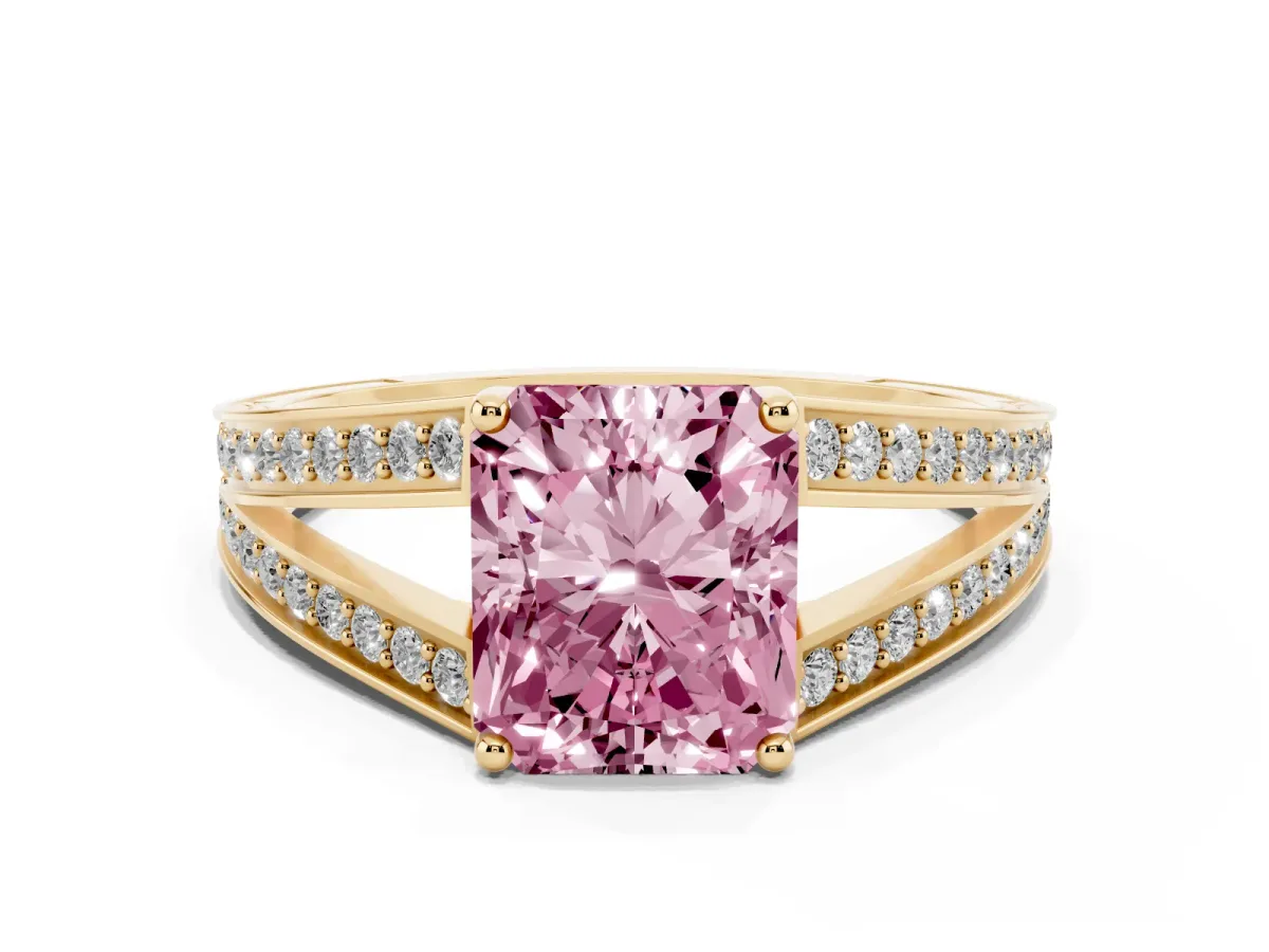 Fancy Pink Radiant Cut Diamond Split Shank Ring with Pavé Band and Four-Prong Setting Yellow gold