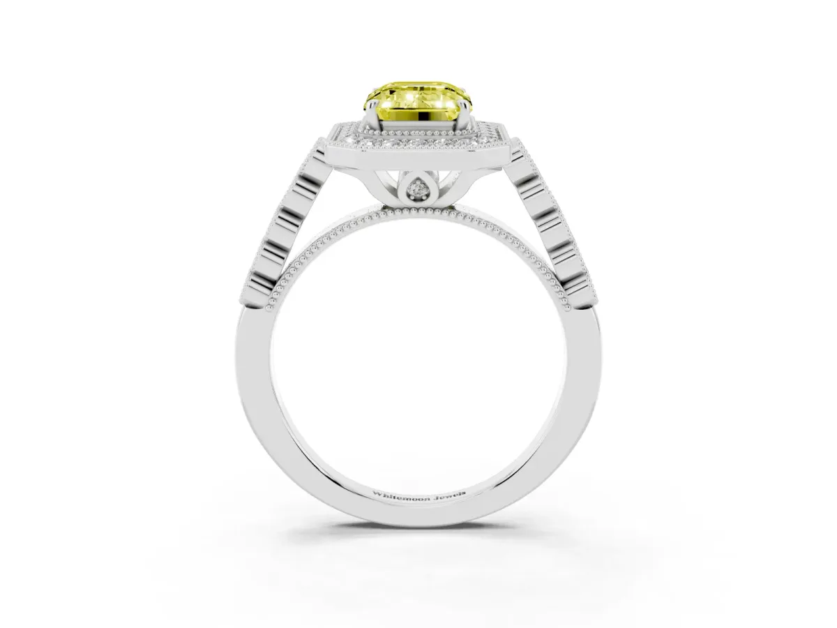 Fancy Yellow Emerald Cut Halo Milgrain Solitaire with Bezel Set Side Stones and Pave Band Silver