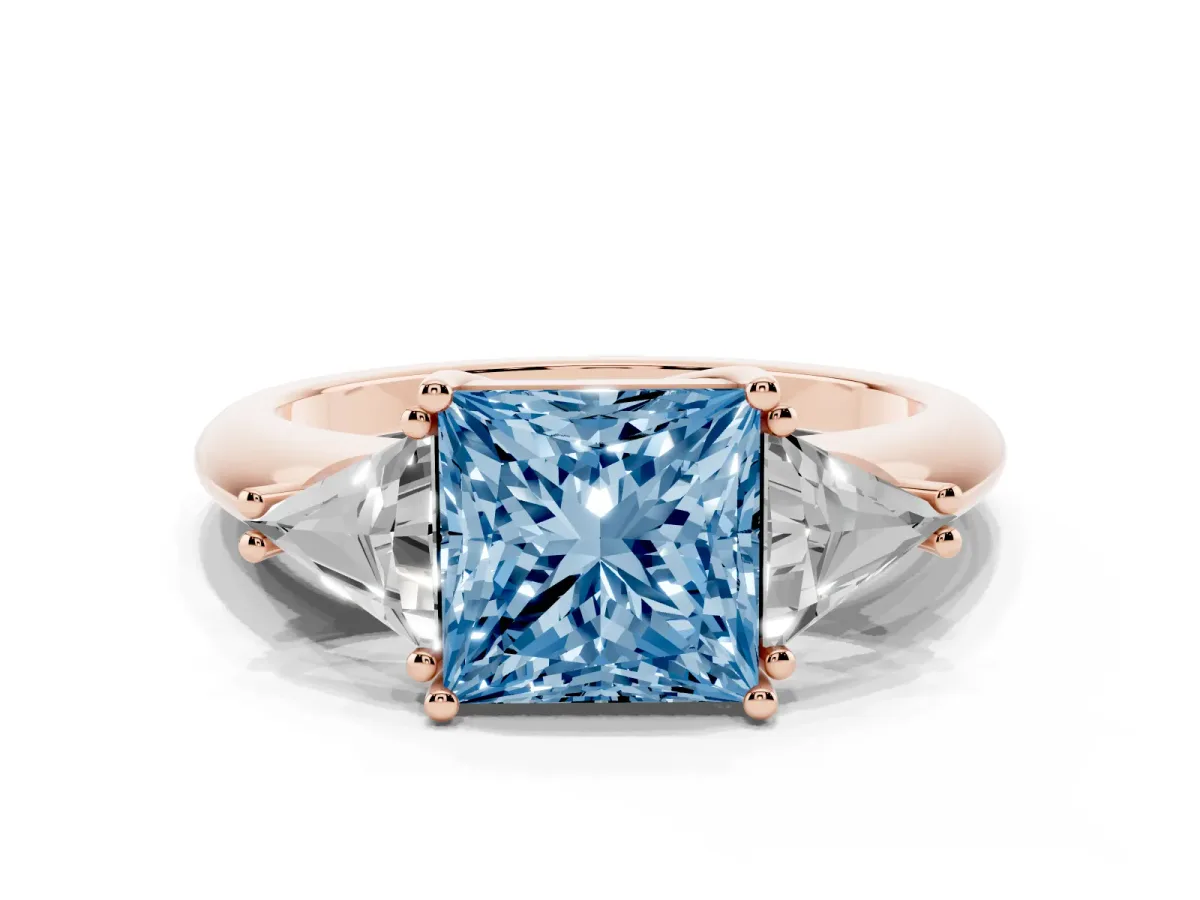 Fancy Blue Three-Stone Princess Cut Diamond Engagement Ring with Trillion Side Stones and Prong Setting Rose gold