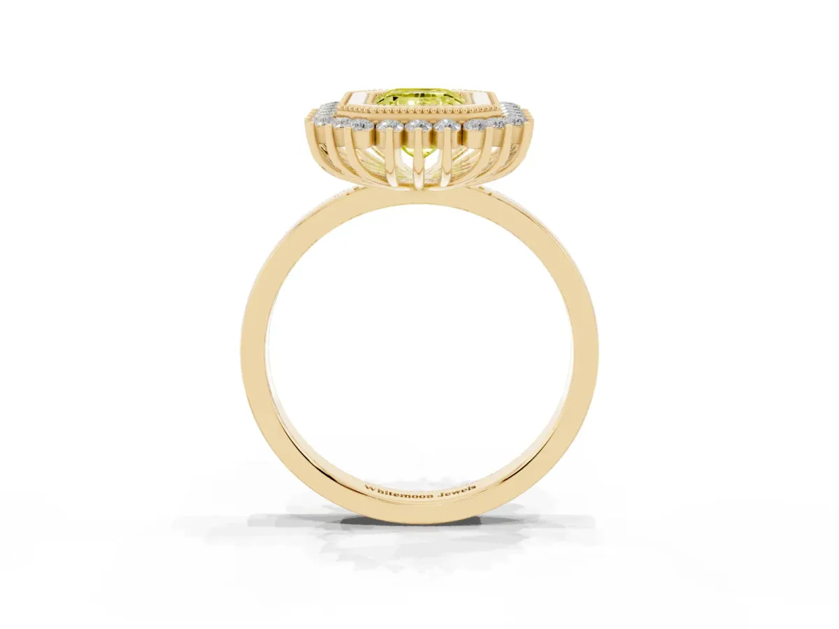 Fancy Yellow Emerald Cut Halo Diamond Ring with Milgrain Edge and Round Prong Setting Yellow gold