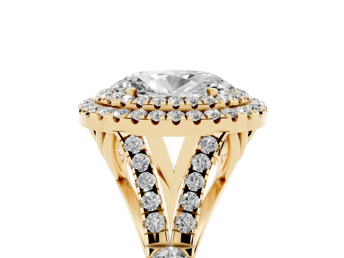 Oval Cut Cut Double Halo Split Shank Diamond Ring with Prong Setting Yellow gold
