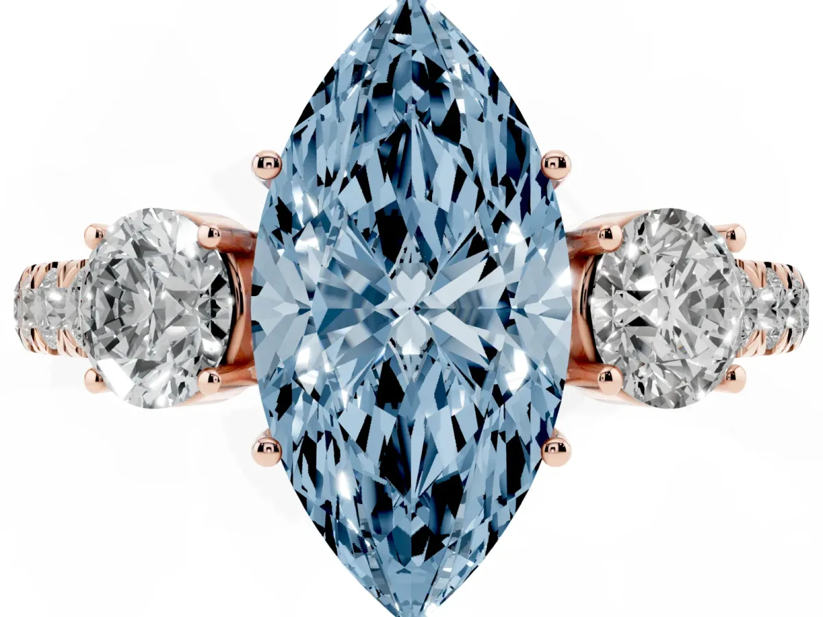 Fancy Blue Marquise Cut Cut Diamond Three-Stone Ring with Round Side Stones and Pavé Band Rose gold