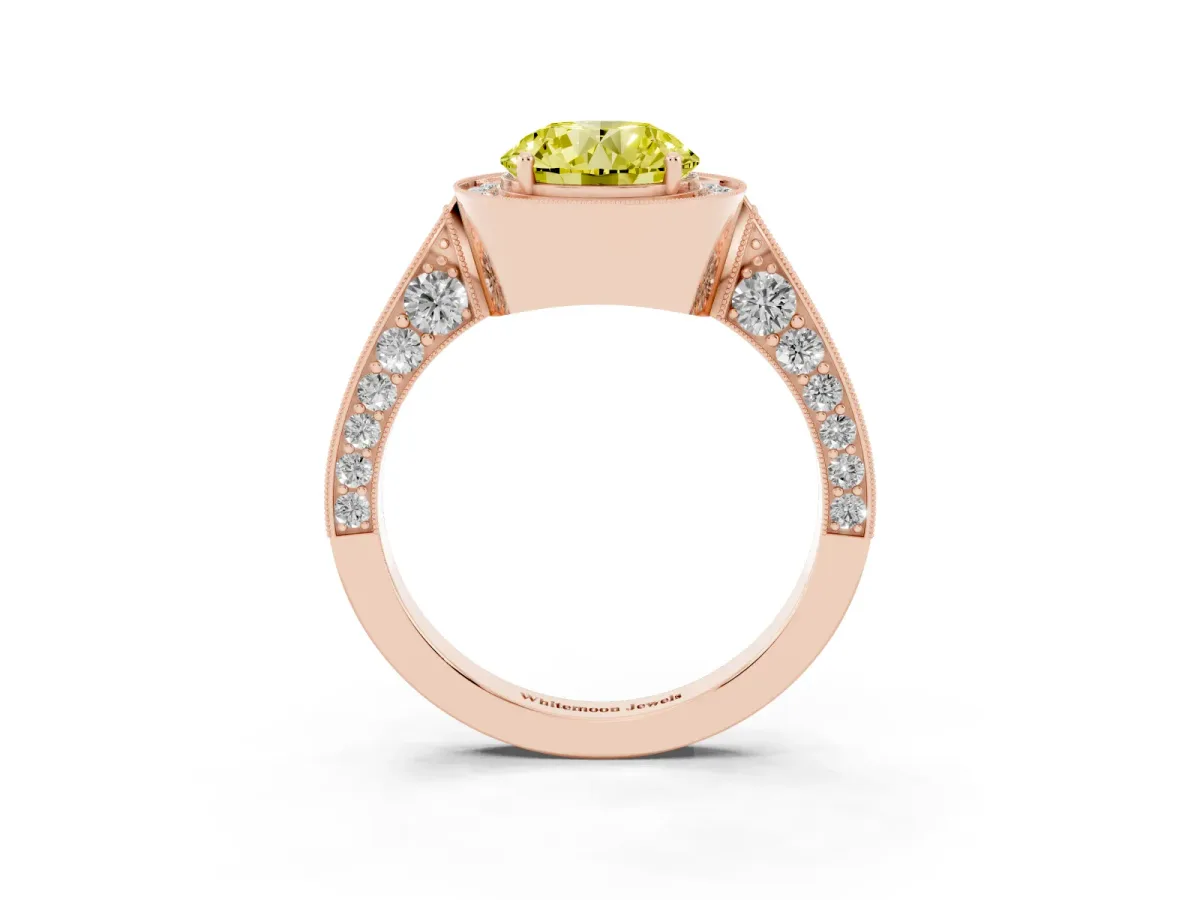 Fancy Yellow Round Cut Halo Diamond Engagement Ring with Split Shank Band and Four-Prong Setting Rose gold