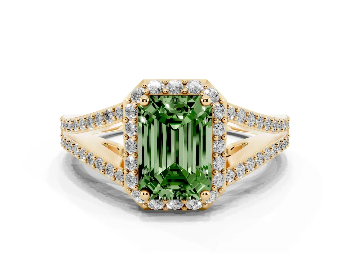 Fancy Green Emerald Cut Halo Split Shank Diamond Ring with Prong Setting Yellow gold