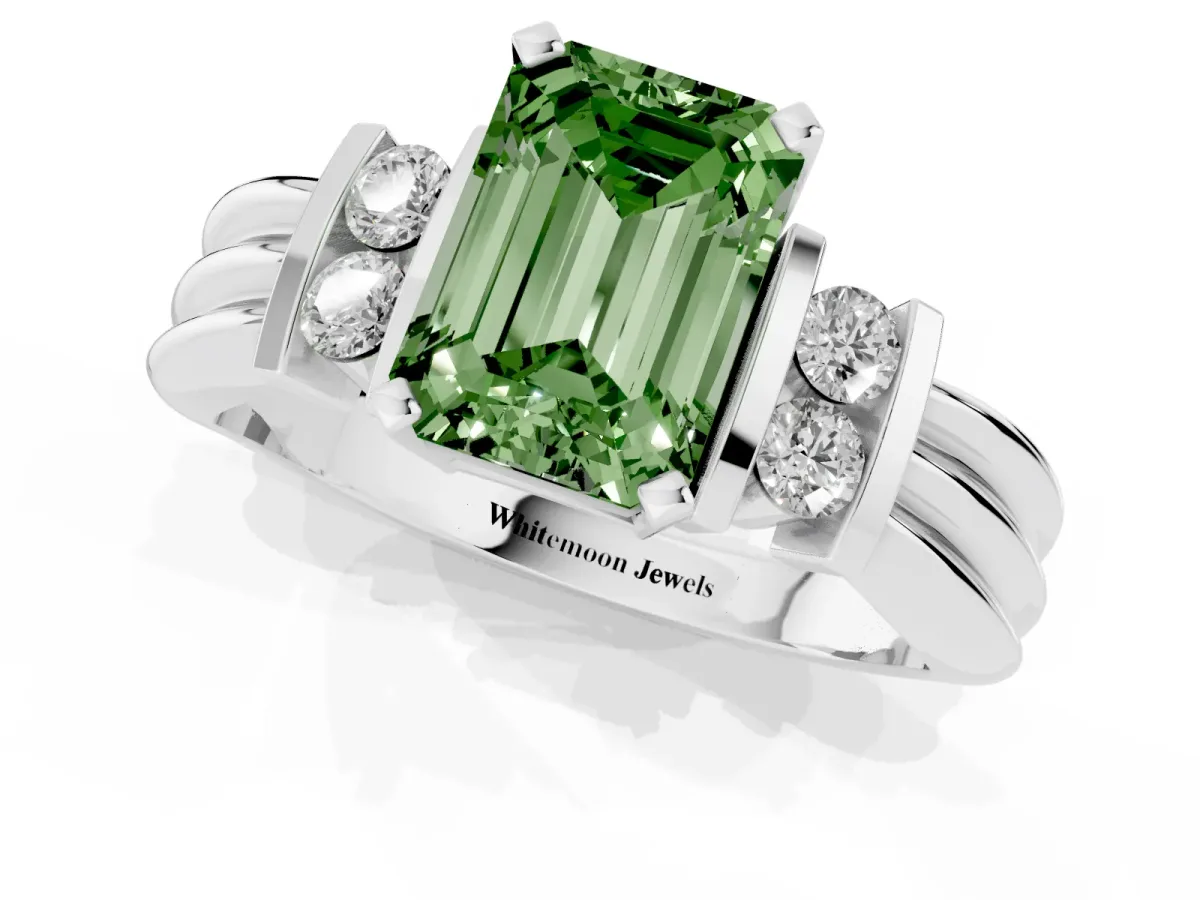 Fancy Green Emerald Cut Cut Three-Stone Channel Set Ring with Bar Prongs Silver
