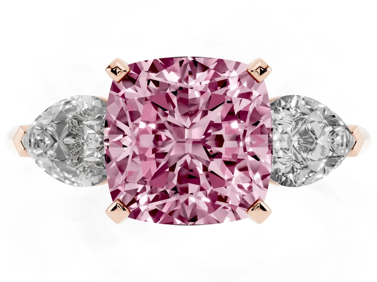 Fancy Pink Three-Stone Cushion Cut Diamond Ring with Pear Side Stones and Four-Prong Setting Rose gold