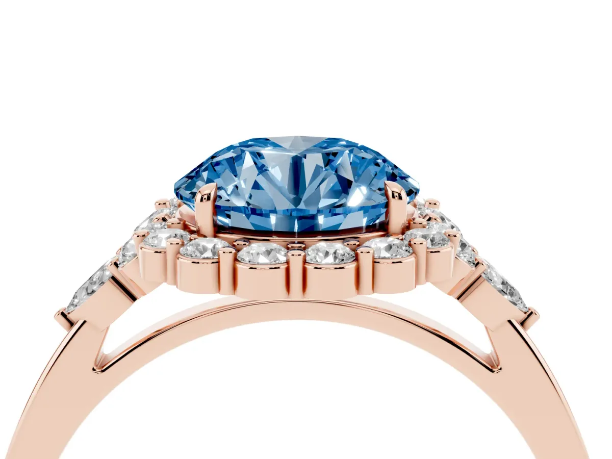 Fancy Blue Round Cut Diamond Halo Ring with Pear Side Stones and Prong Setting Rose gold